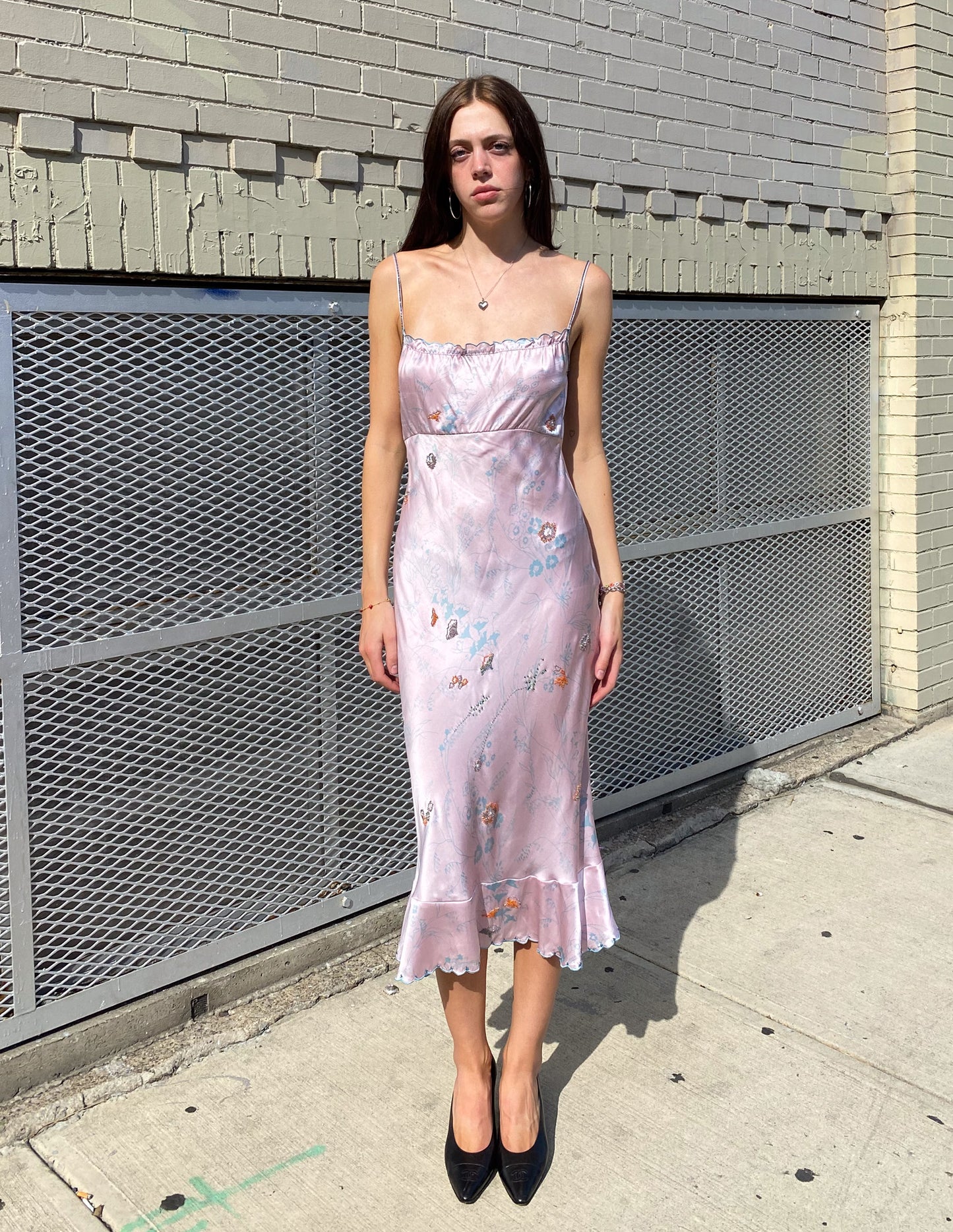100% Silk Beaded Lilac Floral Midi Dress
