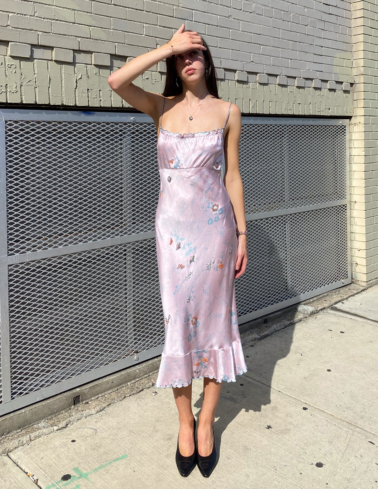 100% Silk Beaded Lilac Floral Midi Dress
