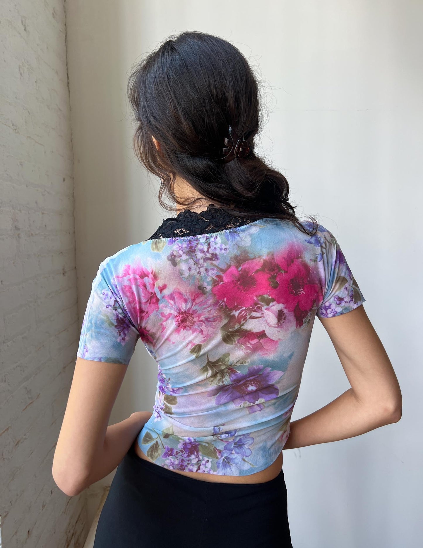 Vintage Floral Black Lace Trim Semi Sheer Baby Tee