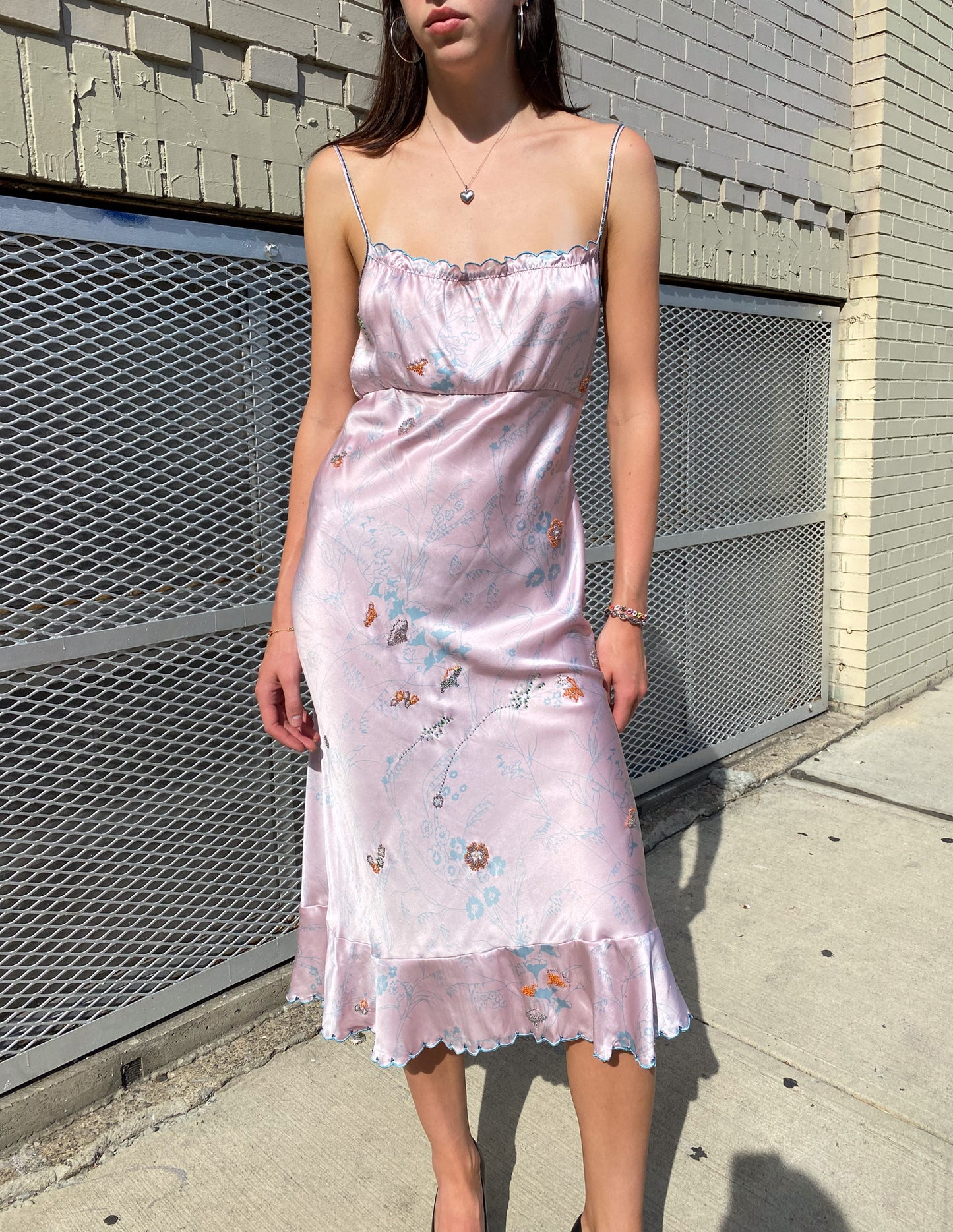 100% Silk Beaded Lilac Floral Midi Dress