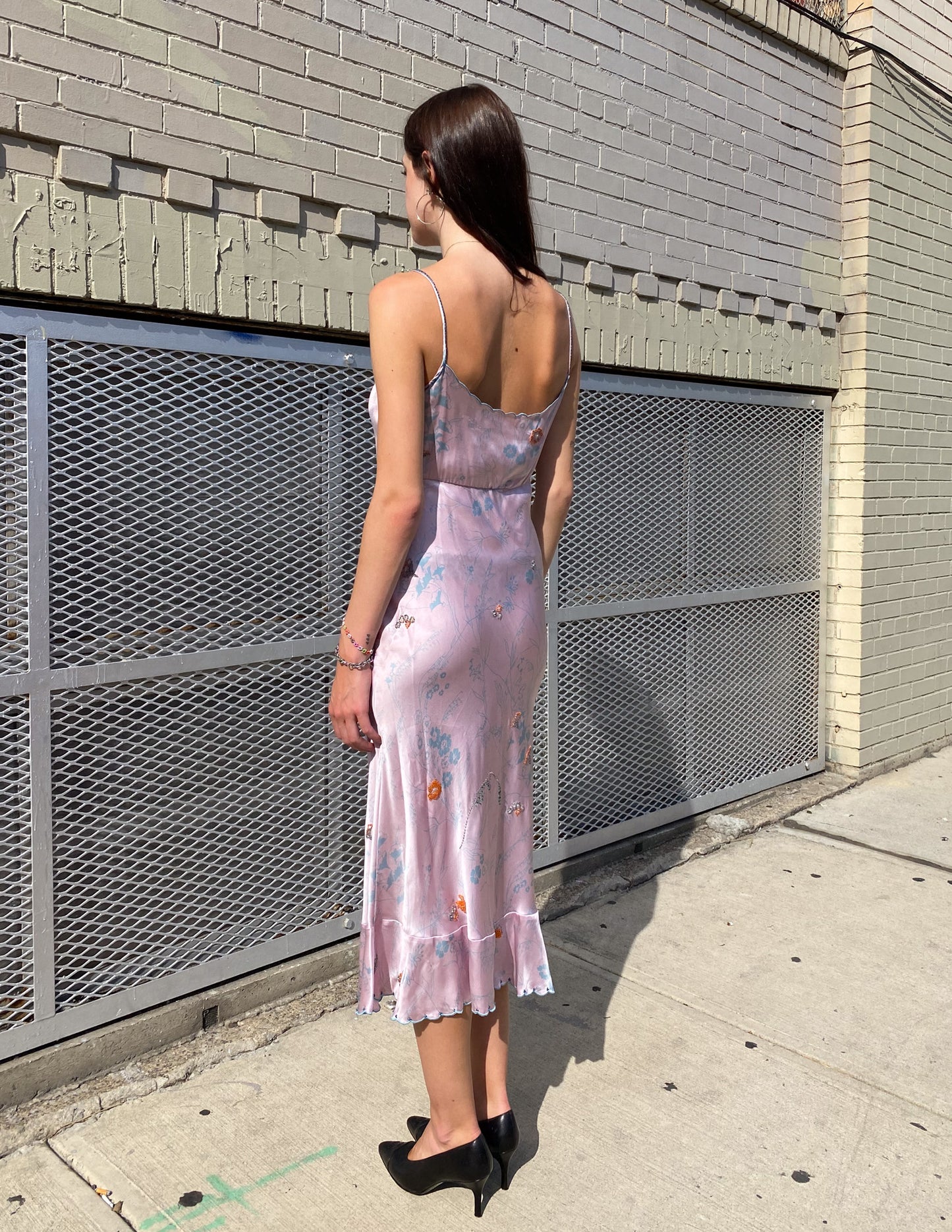 100% Silk Beaded Lilac Floral Midi Dress