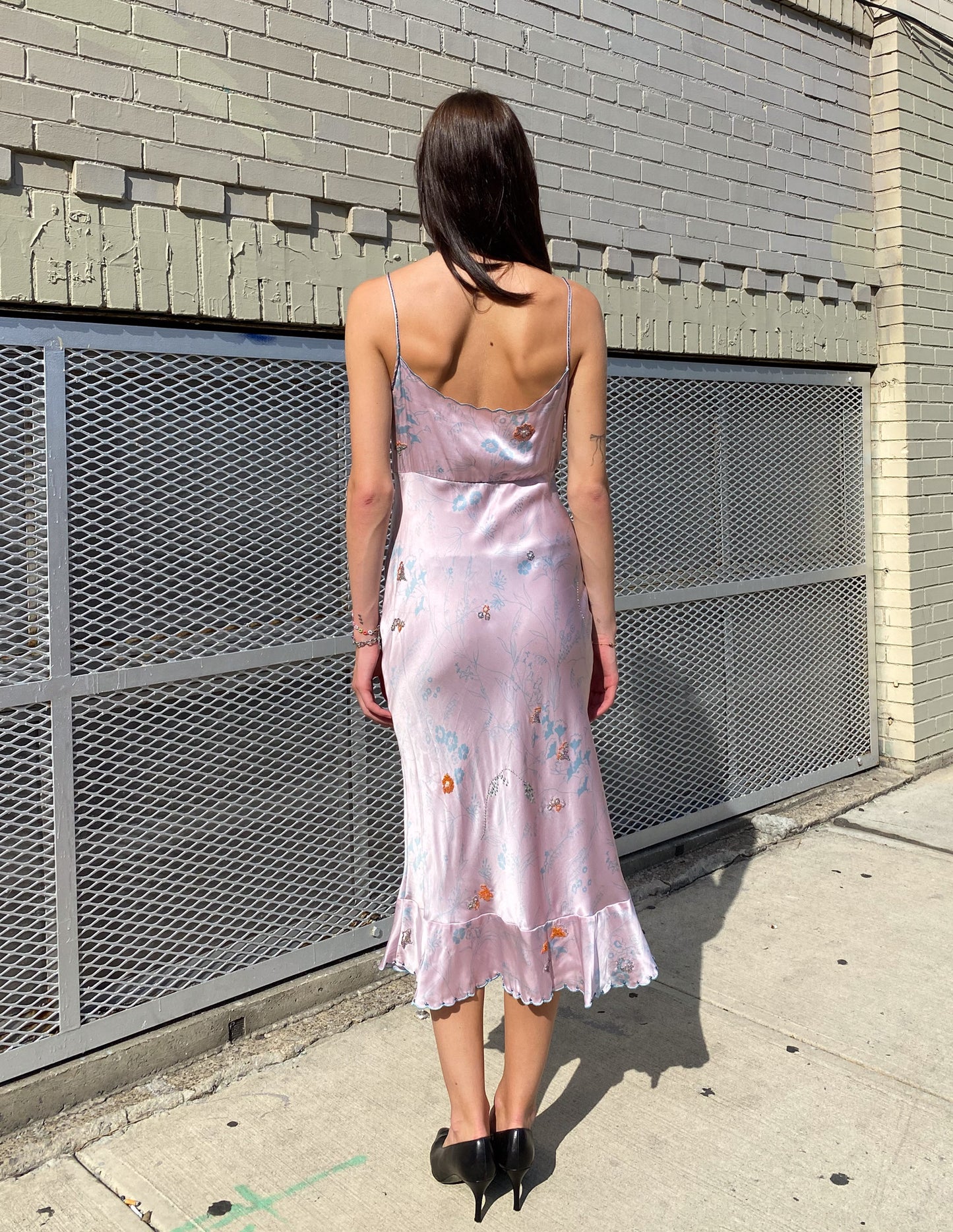 100% Silk Beaded Lilac Floral Midi Dress