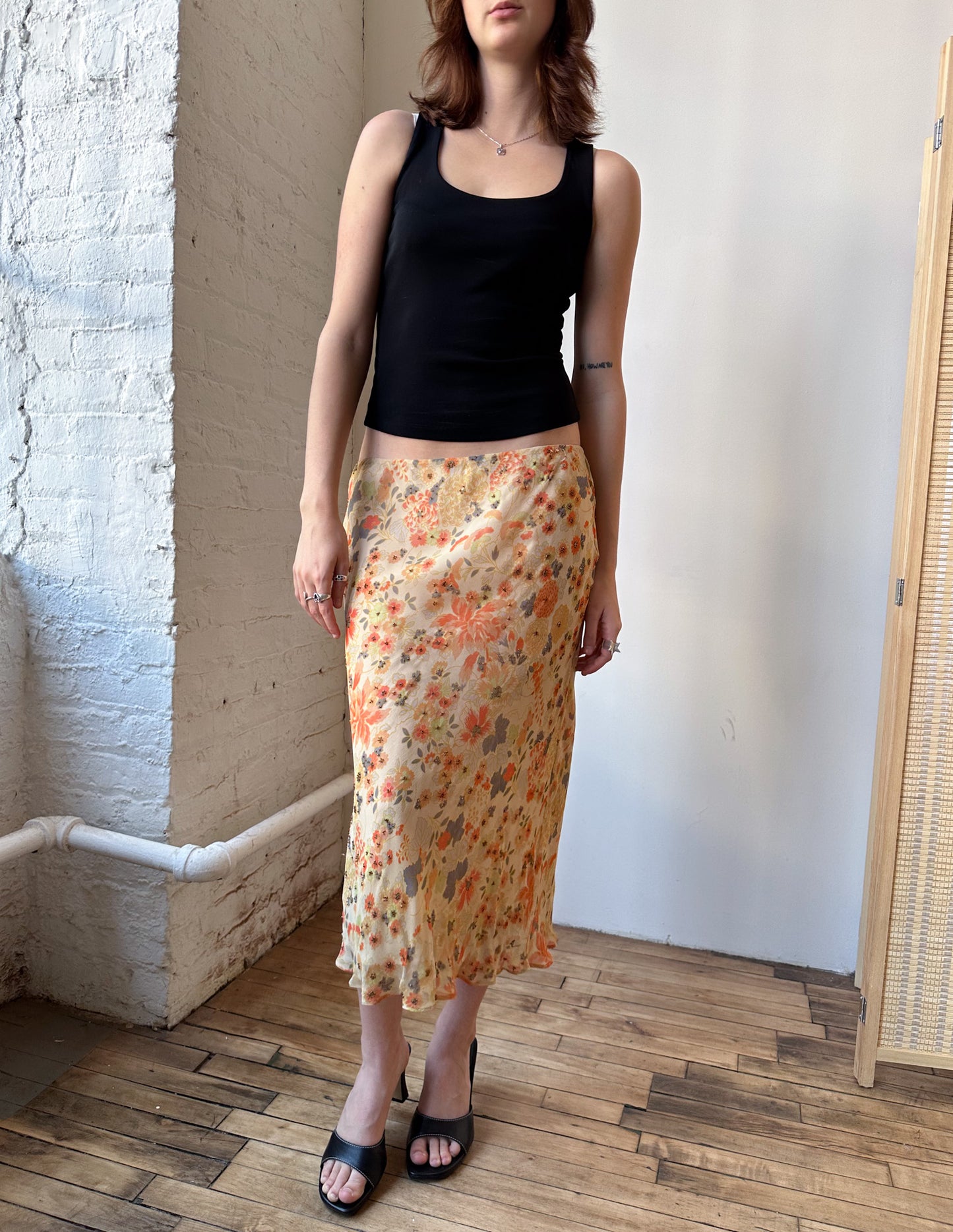 Vtg Bias Cut Floral Embellished Midi Skirt