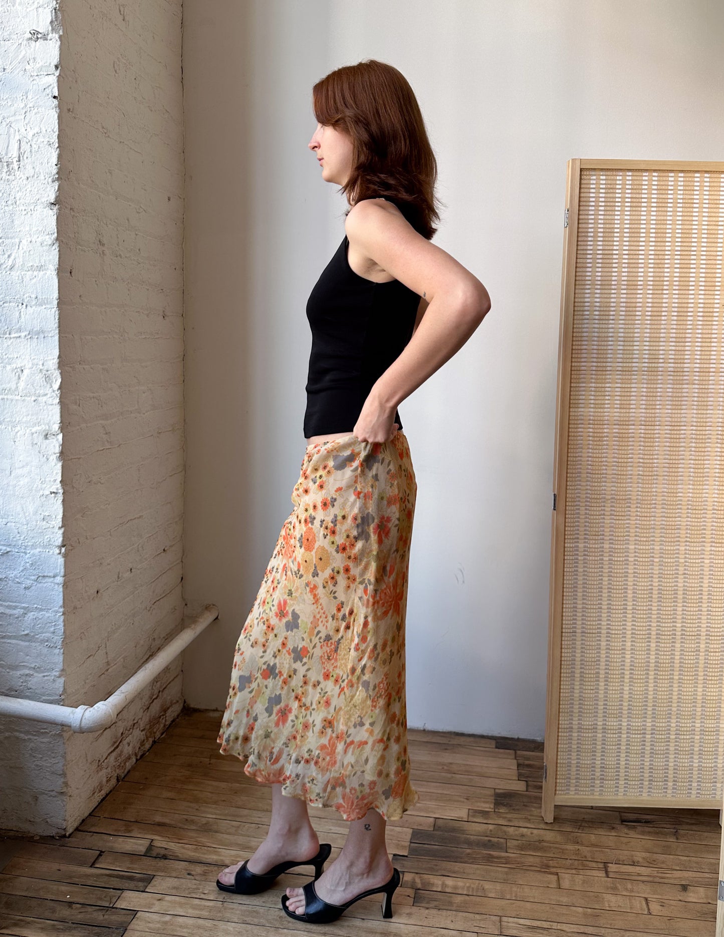 Vtg Bias Cut Floral Embellished Midi Skirt