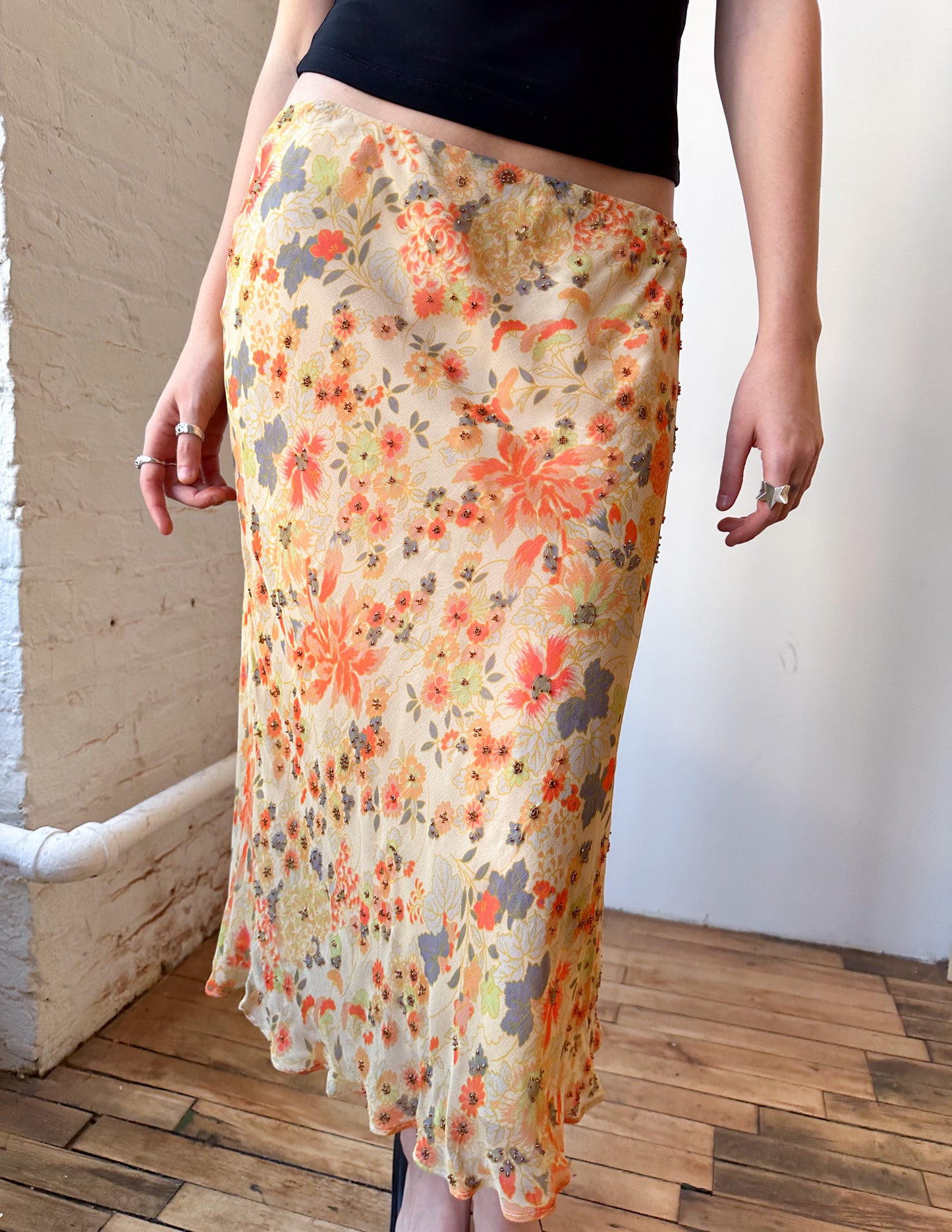 Vtg Bias Cut Floral Embellished Midi Skirt