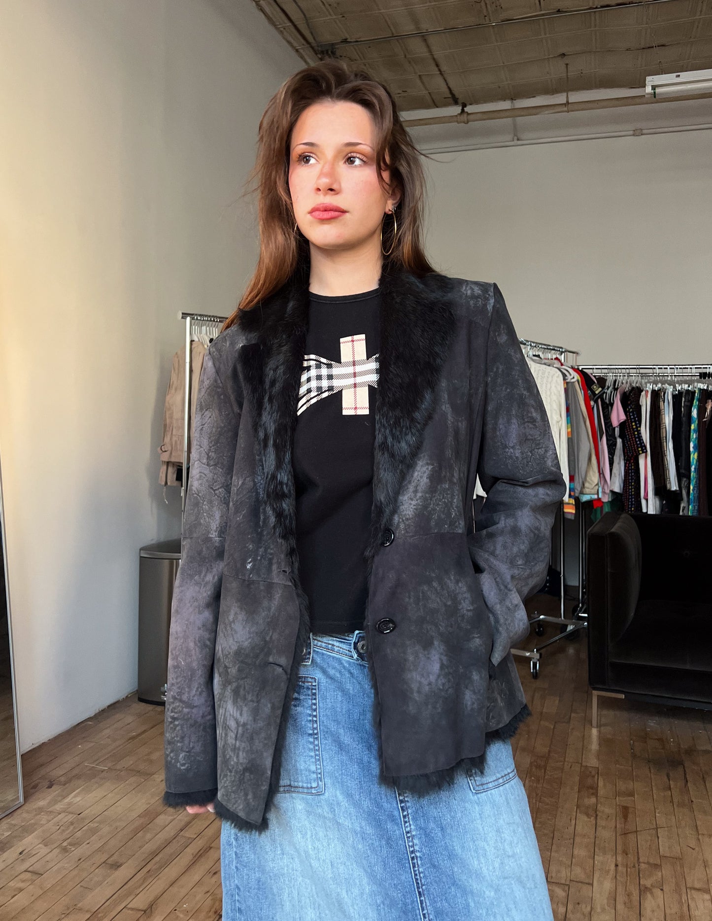Mitsu Black Fur Trim Shearling Jacket