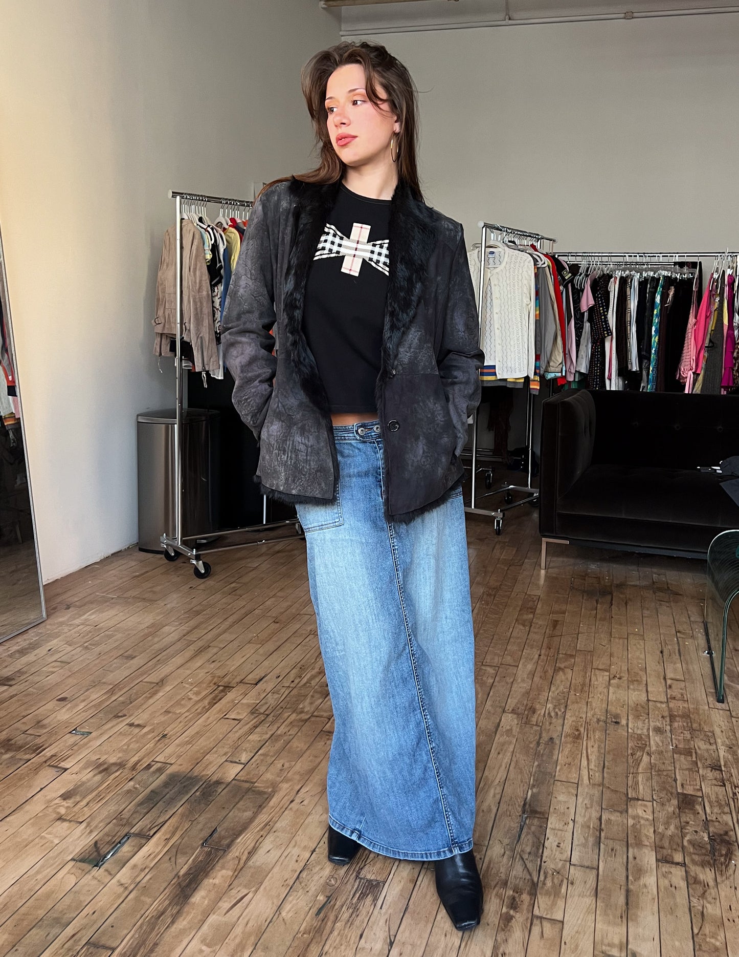 Mitsu Black Fur Trim Shearling Jacket