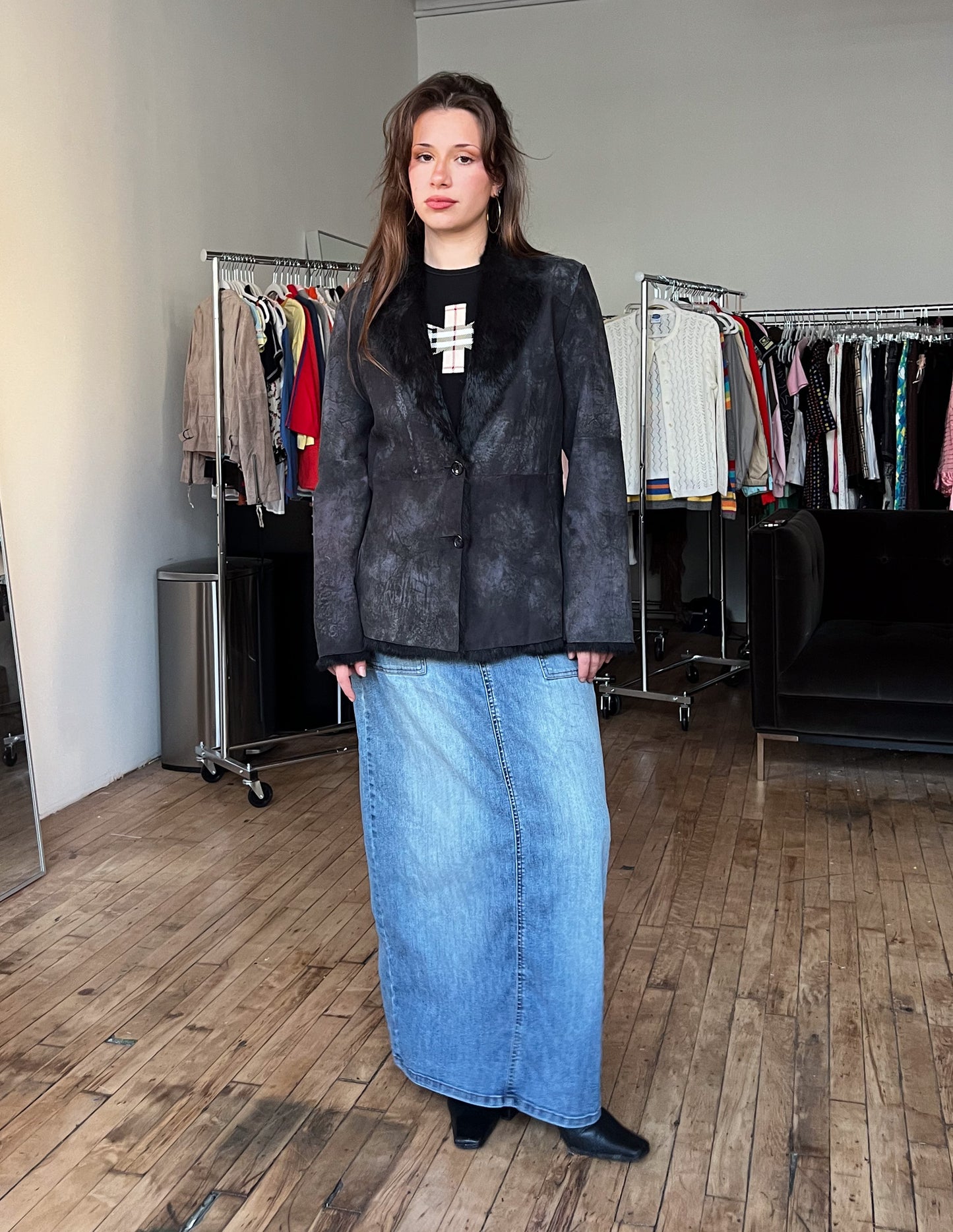 Mitsu Black Fur Trim Shearling Jacket