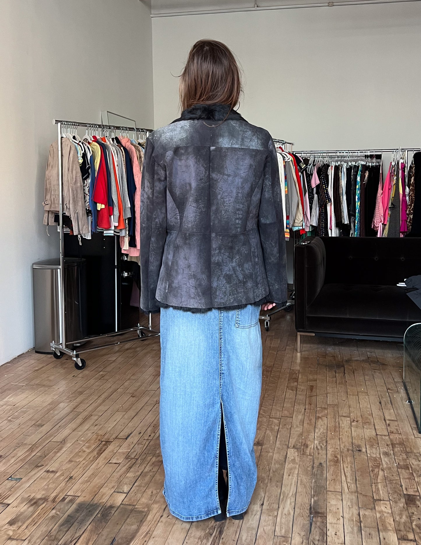 Mitsu Black Fur Trim Shearling Jacket