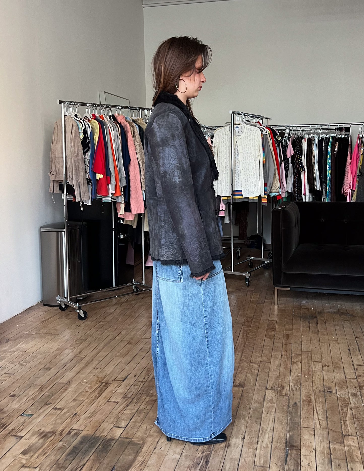 Mitsu Black Fur Trim Shearling Jacket