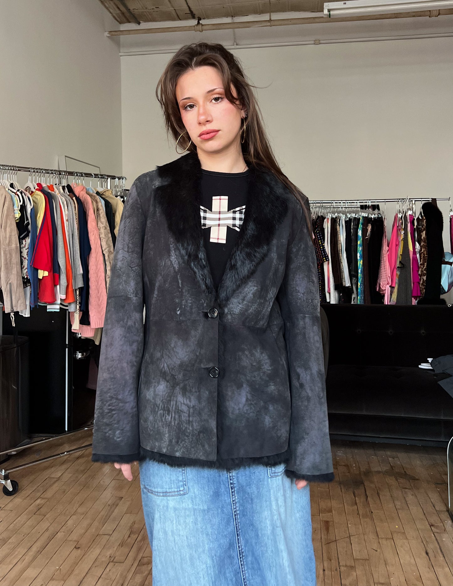 Mitsu Black Fur Trim Shearling Jacket