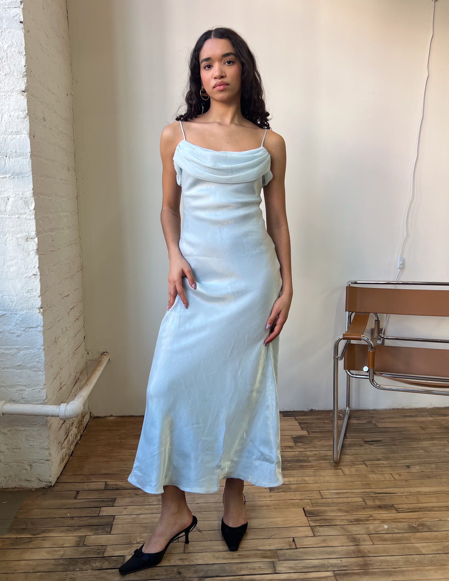 Vtg Bias Cut Powder Blue Maxi Dress