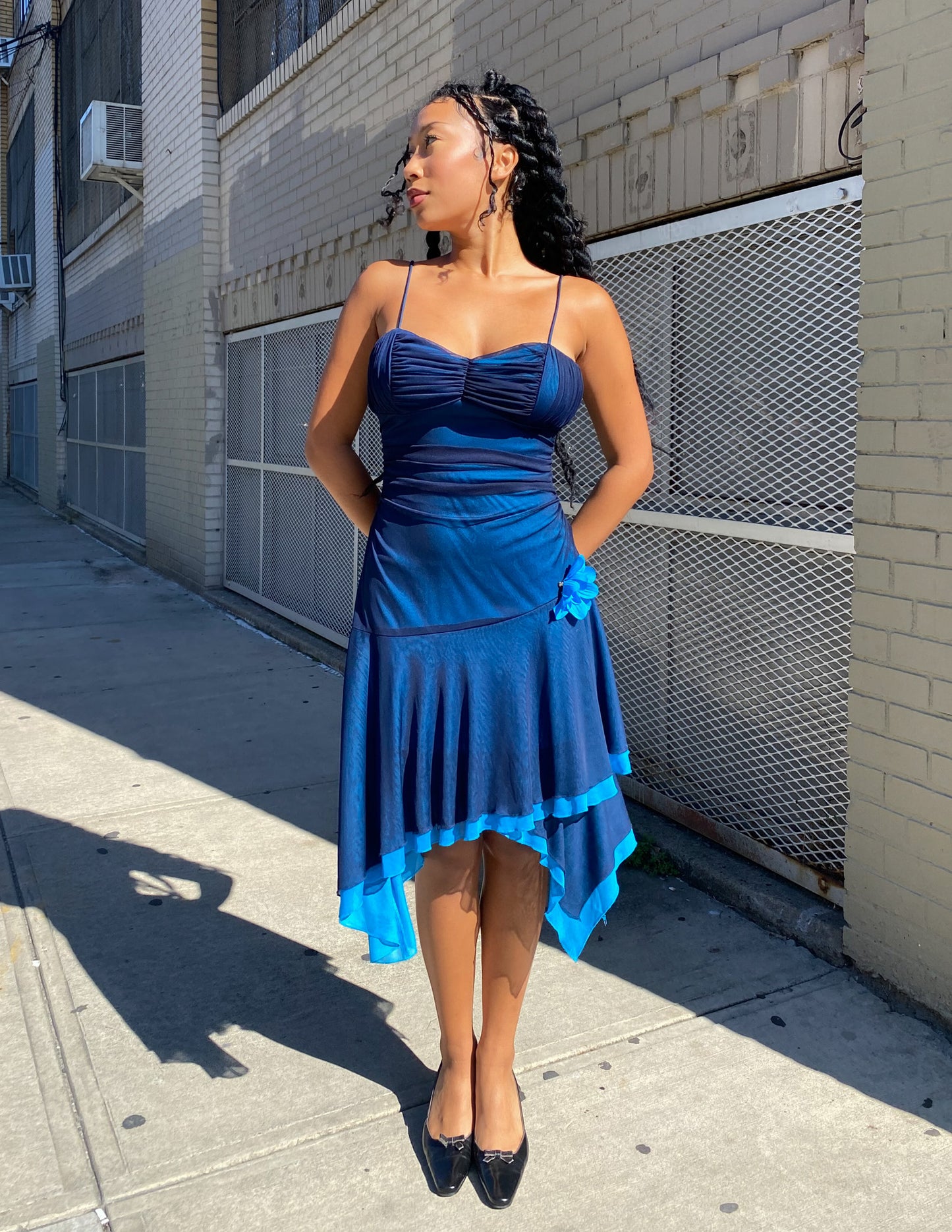 Vtg Y2k Mesh Overlay Blue Asymmetrical Dress