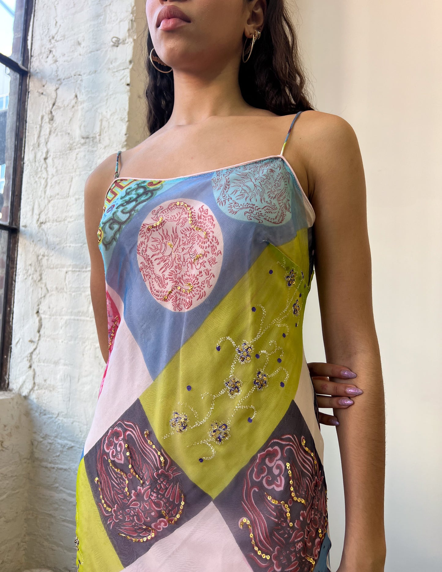 Vtg Bias Cut Beaded Asymmetrical Dress