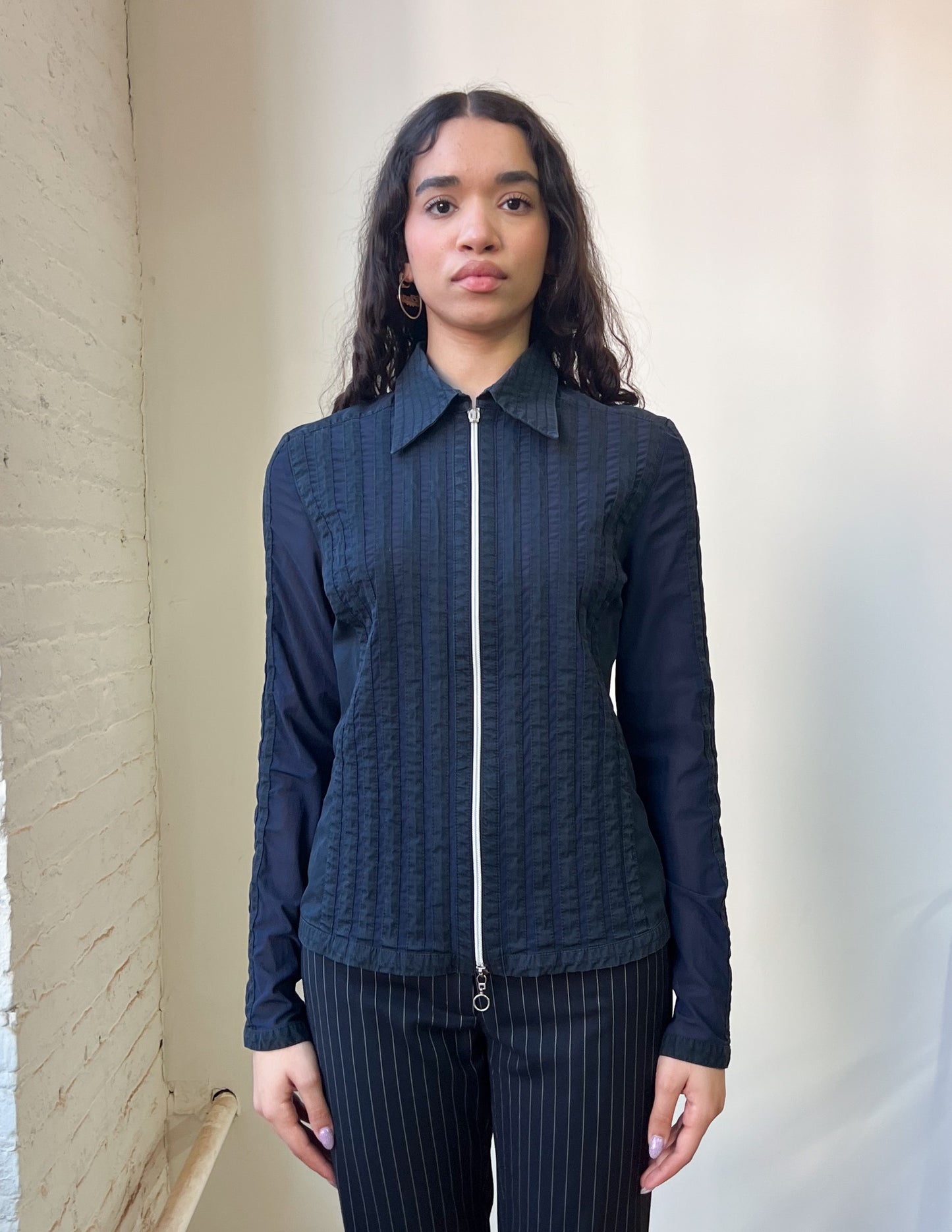 Vtg Navy Zip Up Blouse