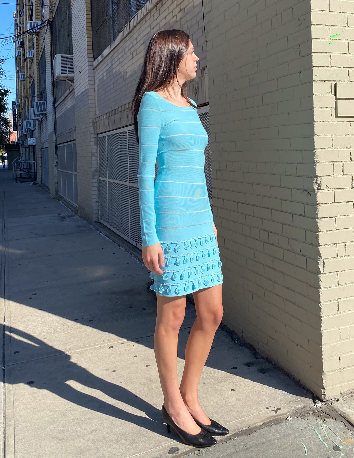 Christian Dior Blue Long Sleeve Knit Midi Dress