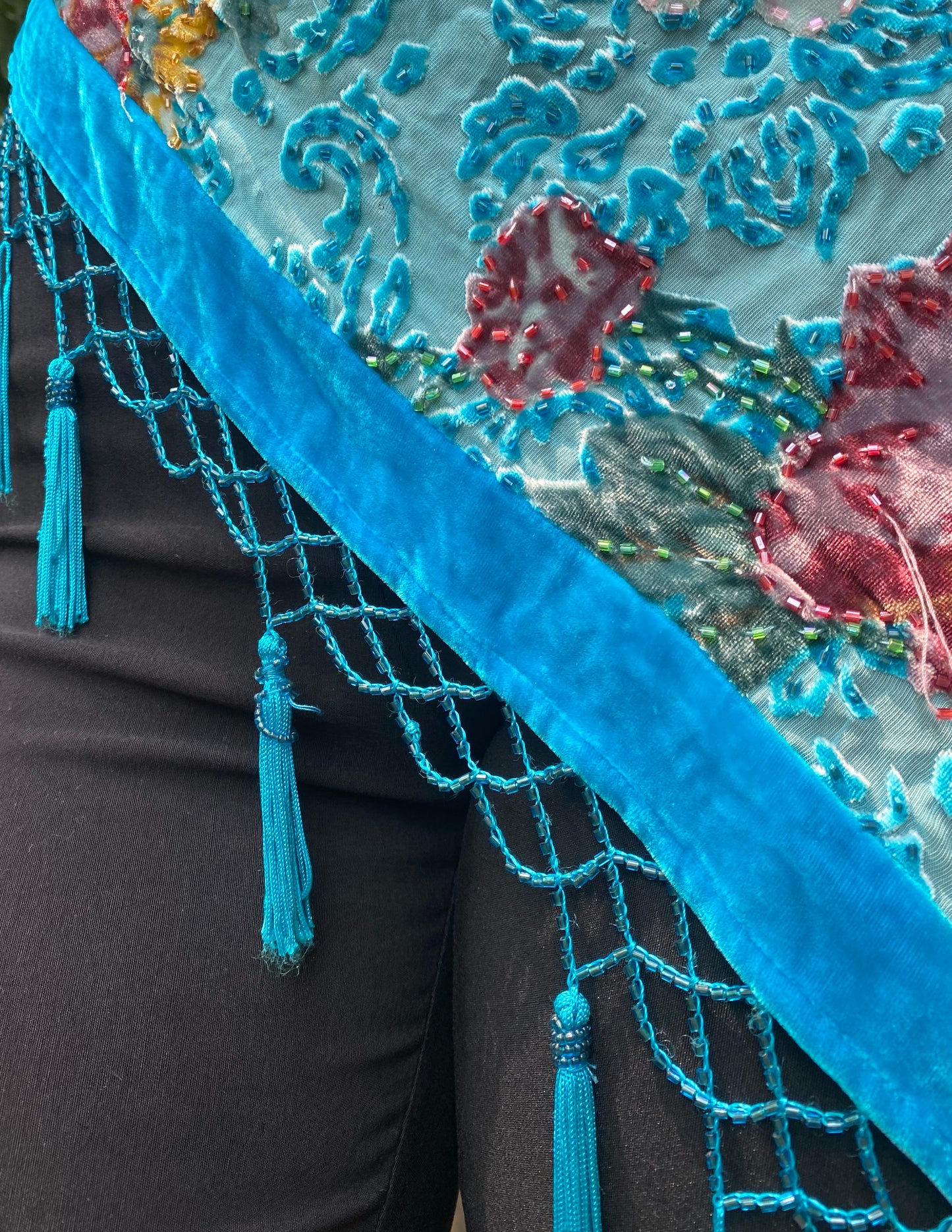 Caché Beaded Silk Blend Asymmetric Tassel Tank