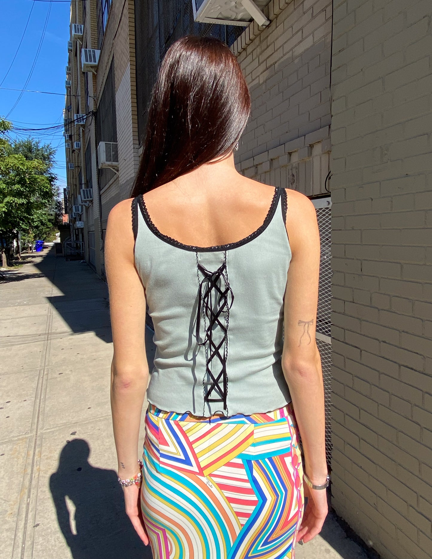 Teal Lace Trimmed Corset Detail Tank