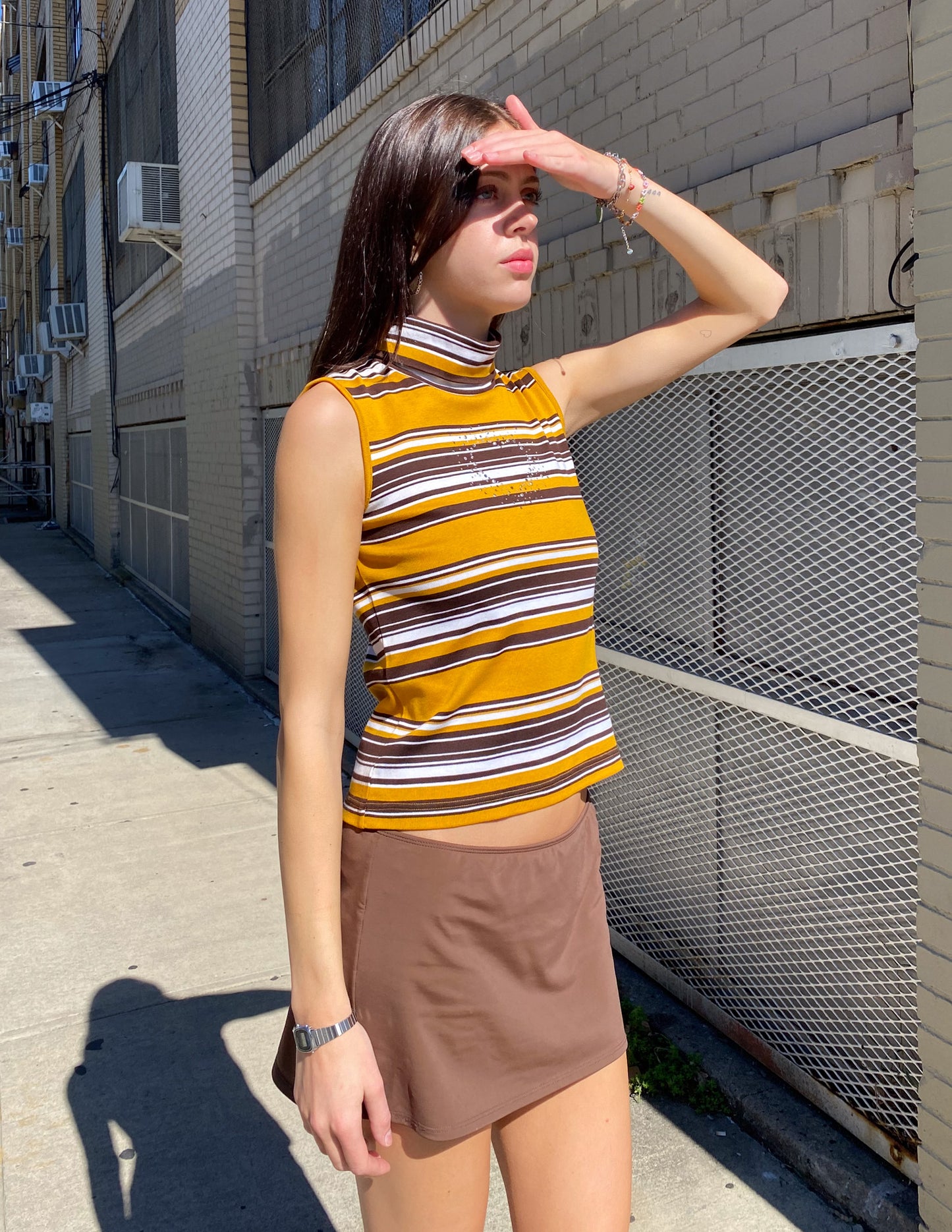 Courrèges Striped Rhinestone Detail Turtleneck Tank