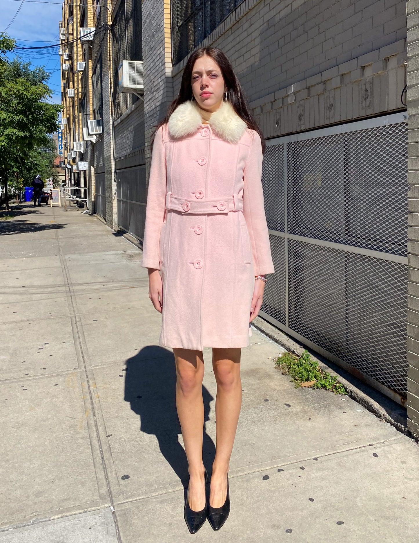 Courrèges Baby Pink Detachable Fox Fur Trim Coat