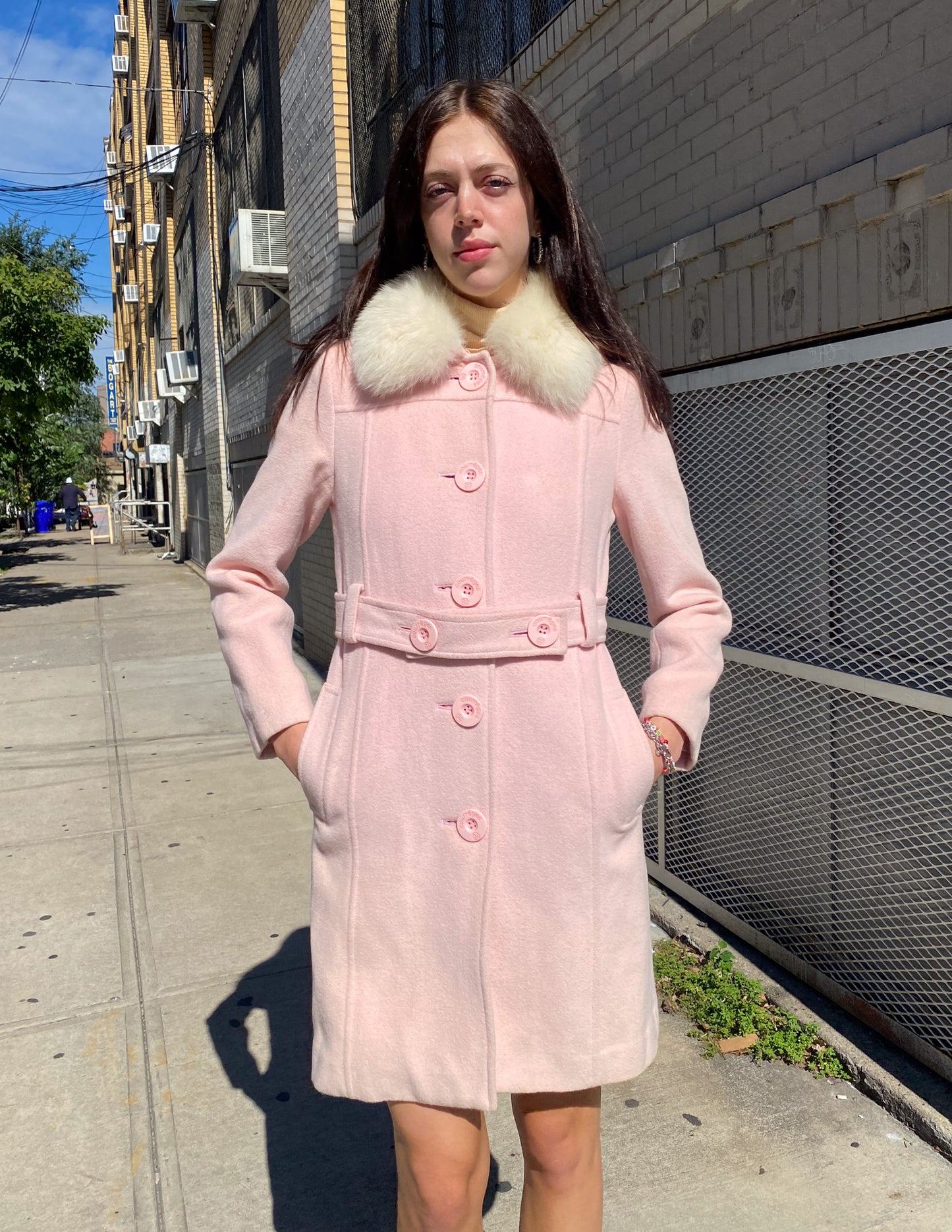 Courrèges Baby Pink Detachable Fox Fur Trim Coat