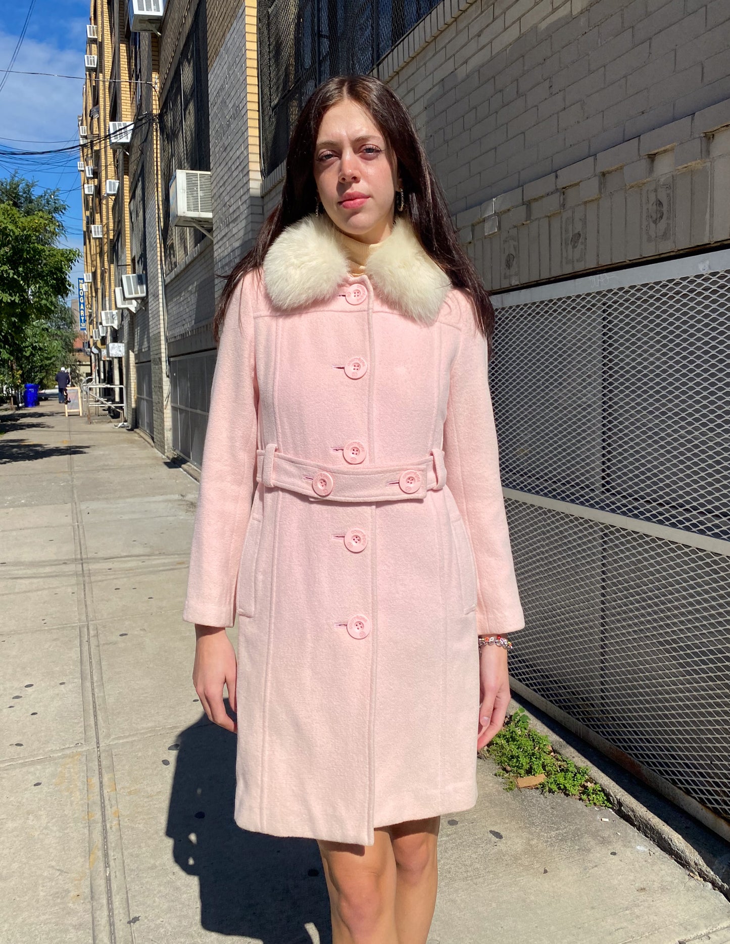 Courrèges Baby Pink Detachable Fox Fur Trim Coat