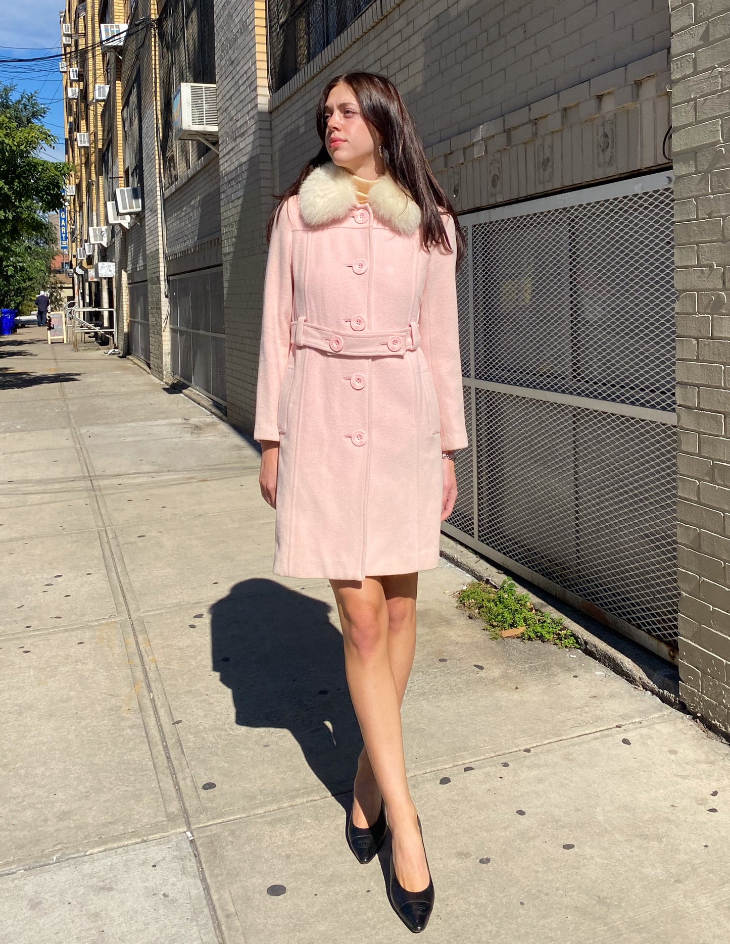 Courrèges Baby Pink Detachable Fox Fur Trim Coat
