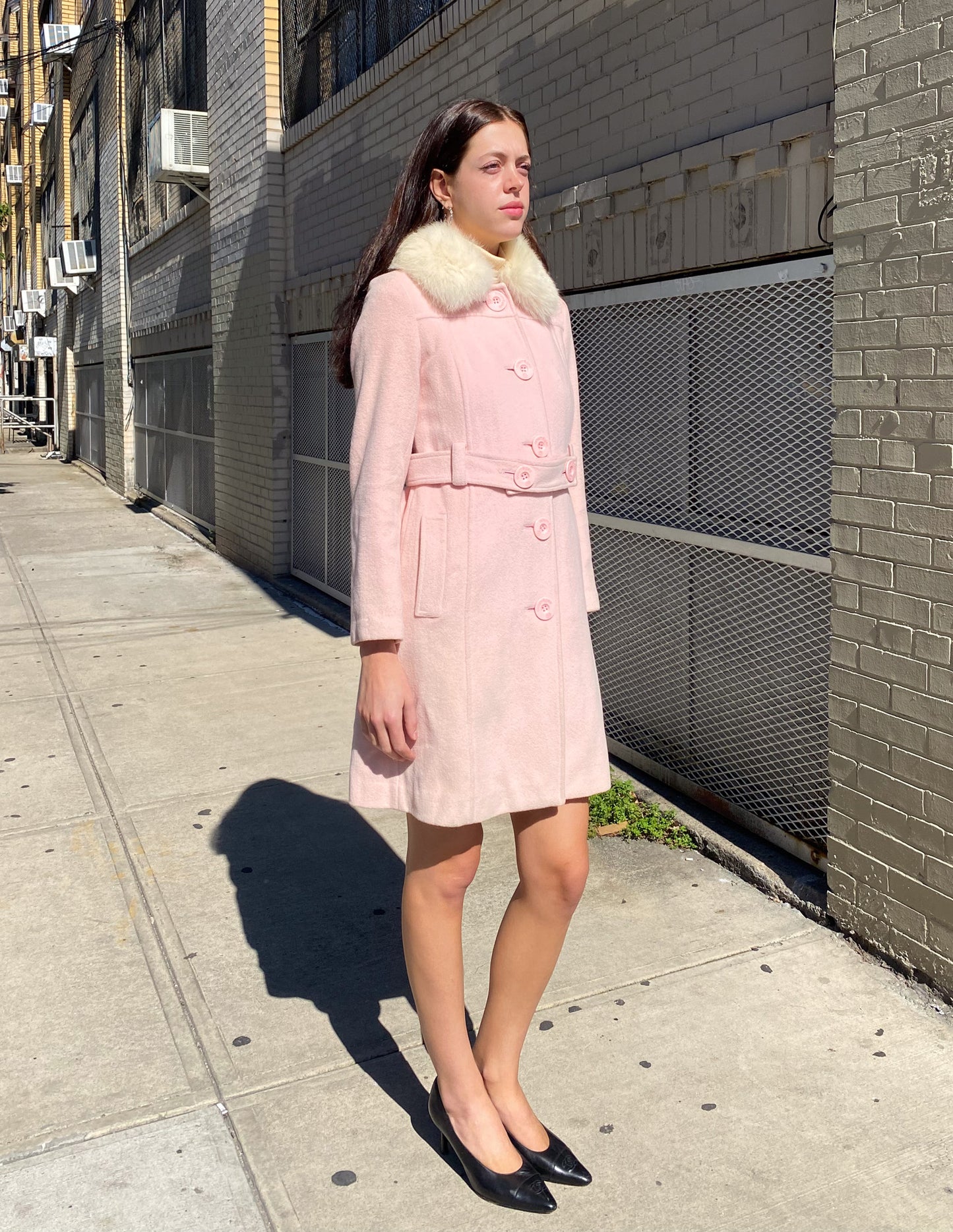 Courrèges Baby Pink Detachable Fox Fur Trim Coat