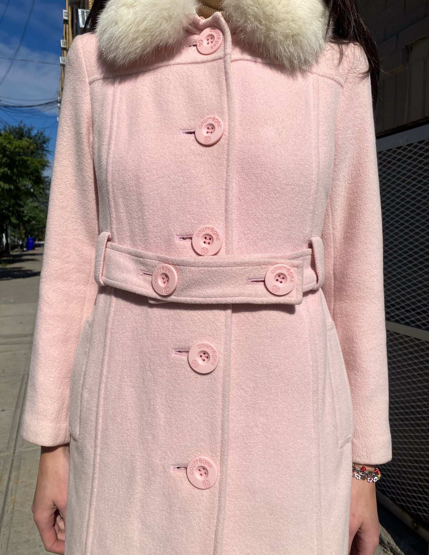 Courrèges Baby Pink Detachable Fox Fur Trim Coat