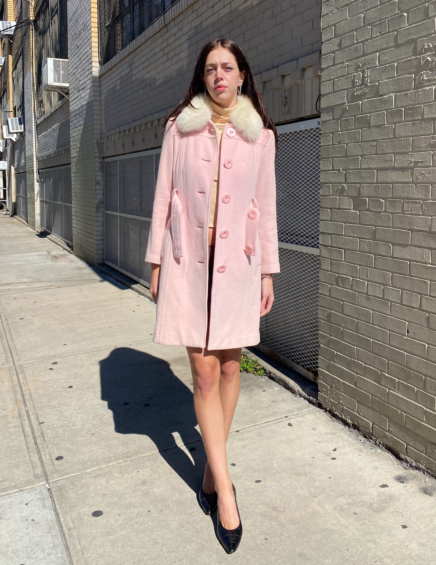 Courrèges Baby Pink Detachable Fox Fur Trim Coat