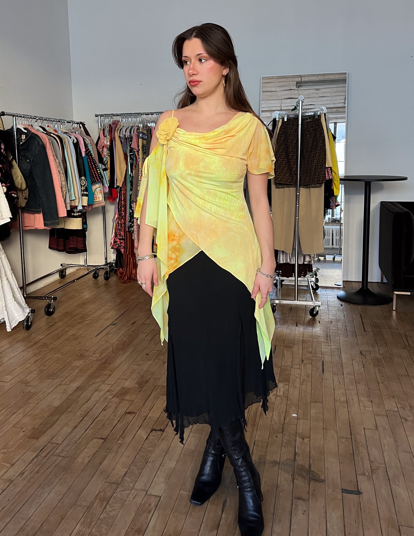 Vtg Y2K Yellow Rosette Detail Top