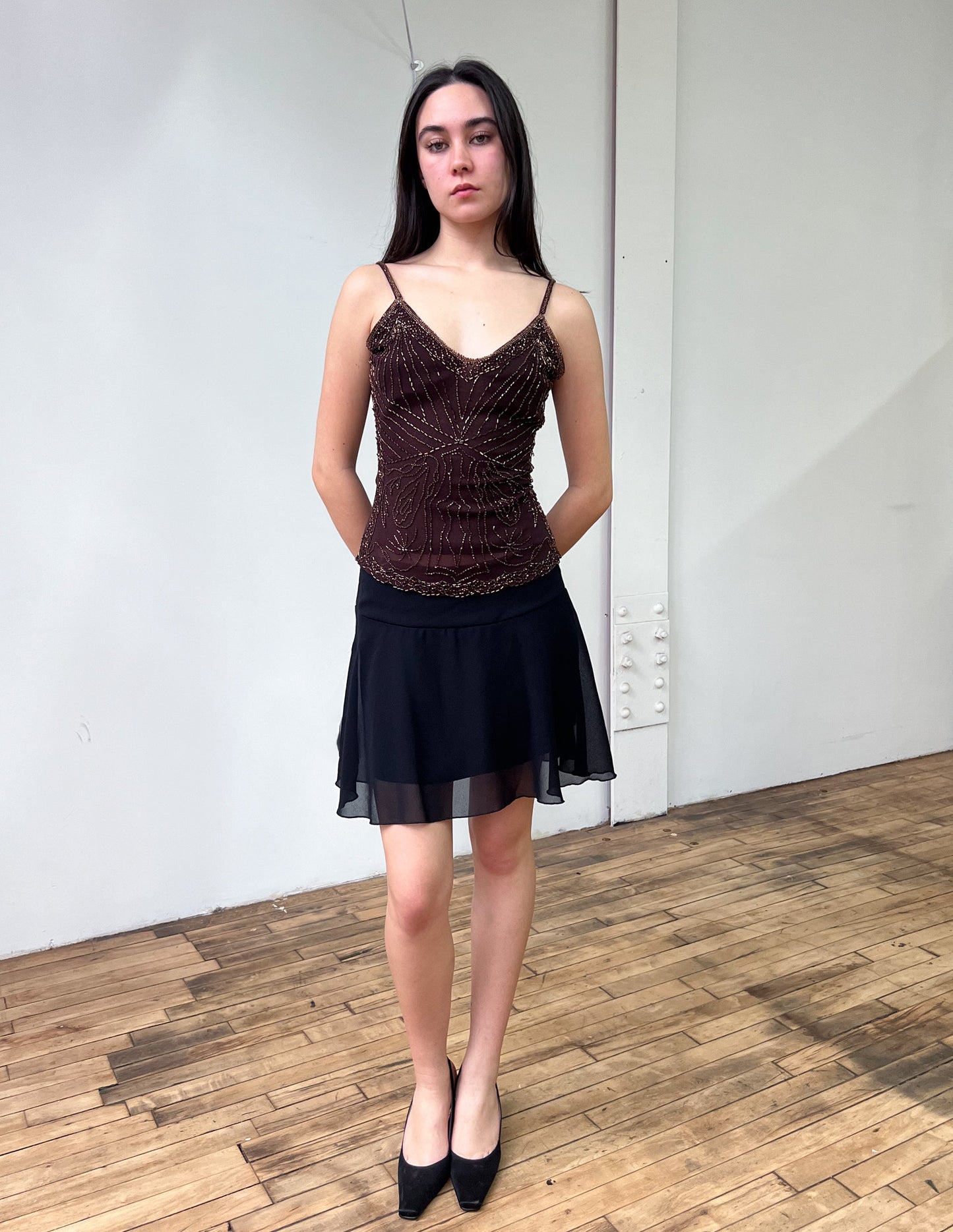 Vtg Brown Beaded Tank