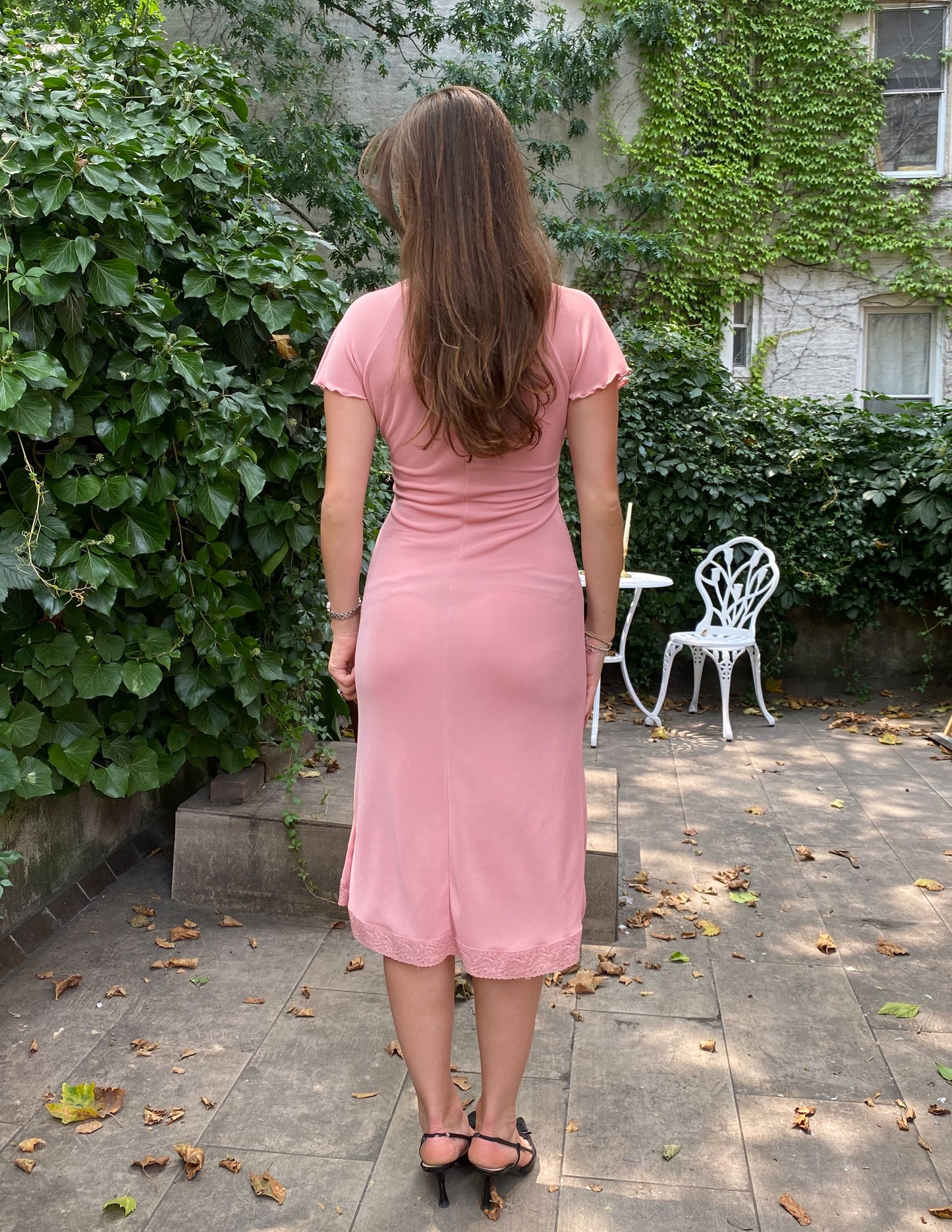 Vtg Pink Semi-Sheer Lace Detail Midi Dress