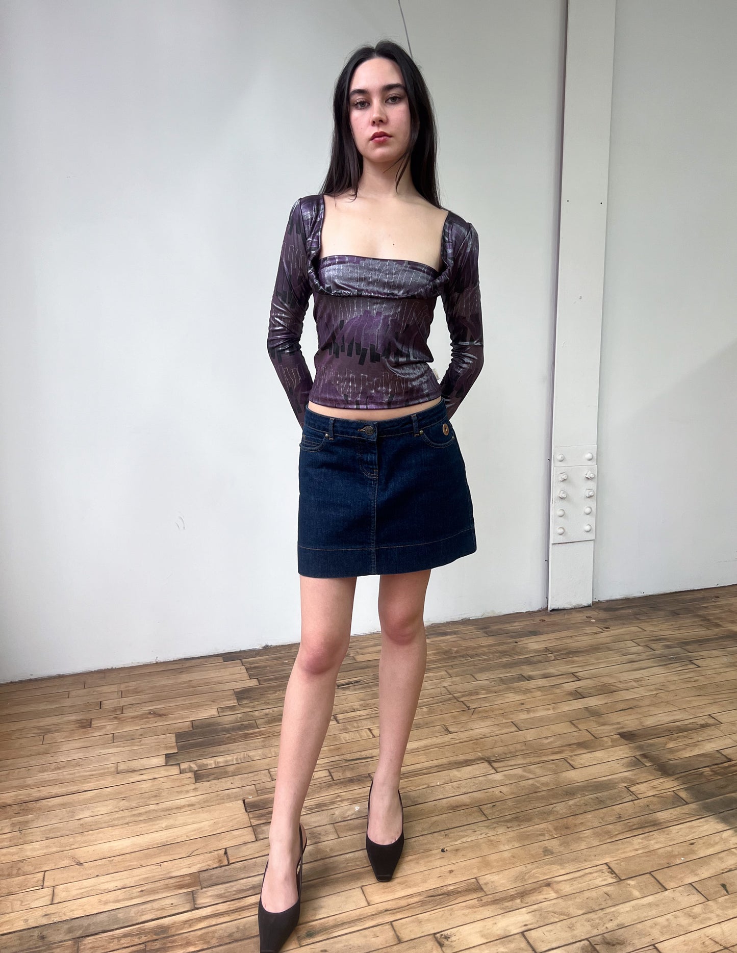 Vtg Y2K Purple Metallic Print Top