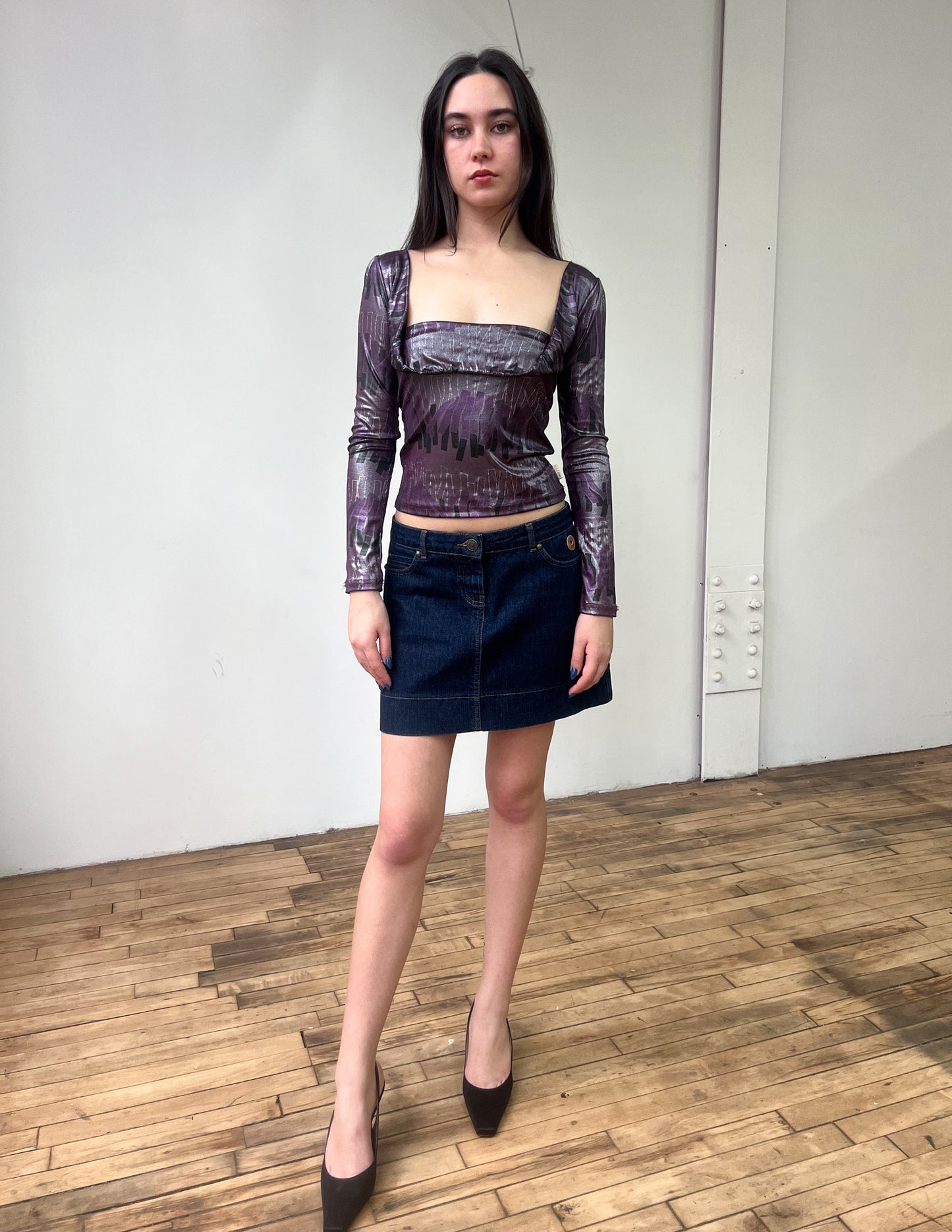 Vtg Y2K Purple Metallic Print Top