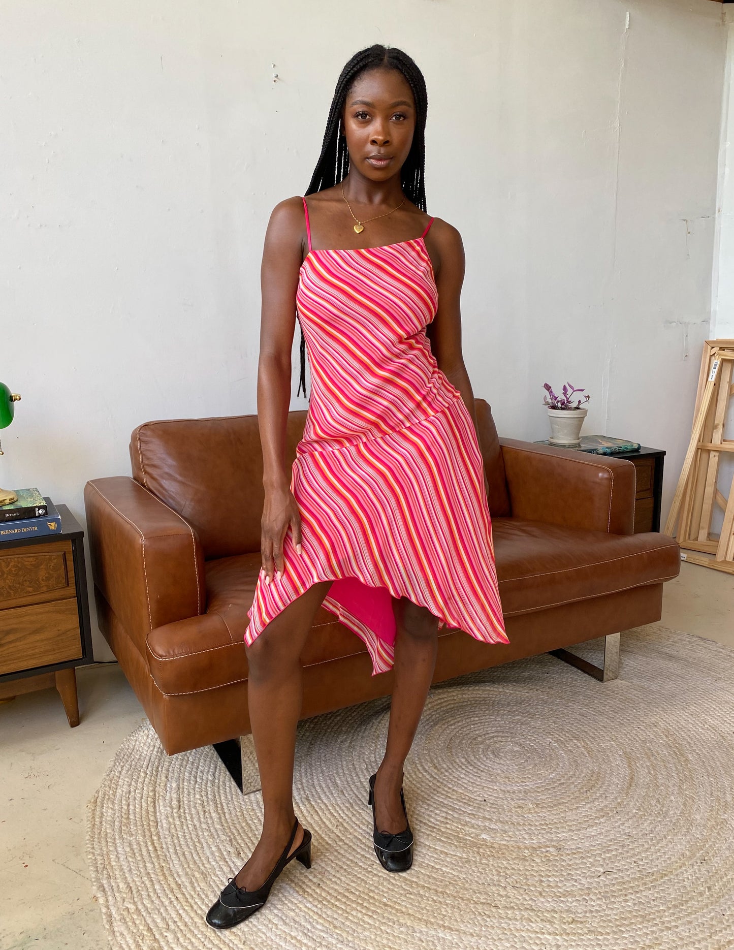100% Silk Pink Candy Stripe Midi Dress