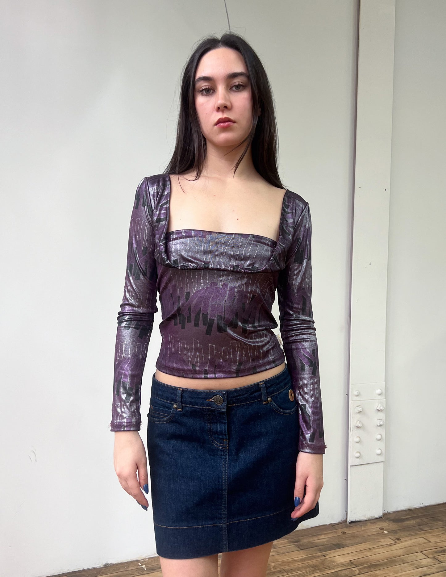 Vtg Y2K Purple Metallic Print Top