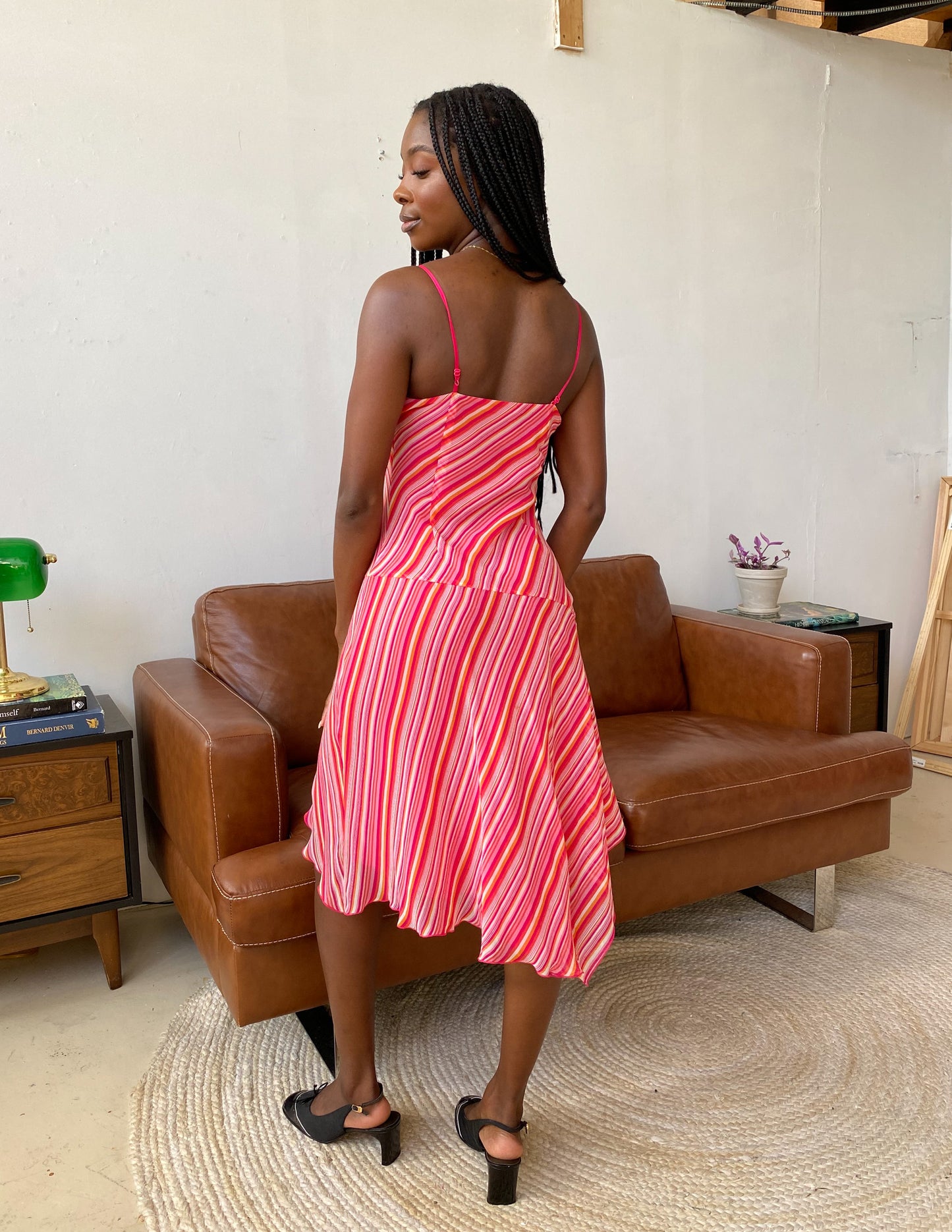 100% Silk Pink Candy Stripe Midi Dress