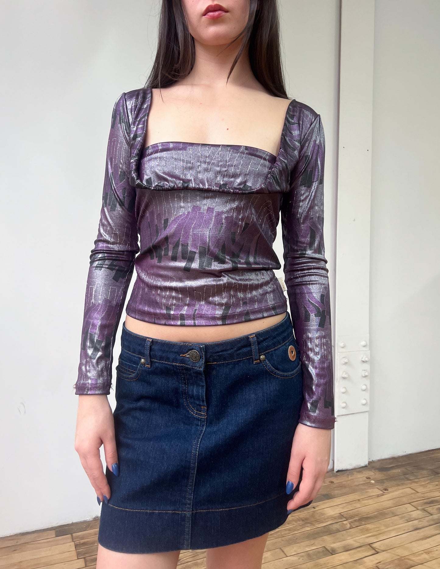 Vtg Y2K Purple Metallic Print Top
