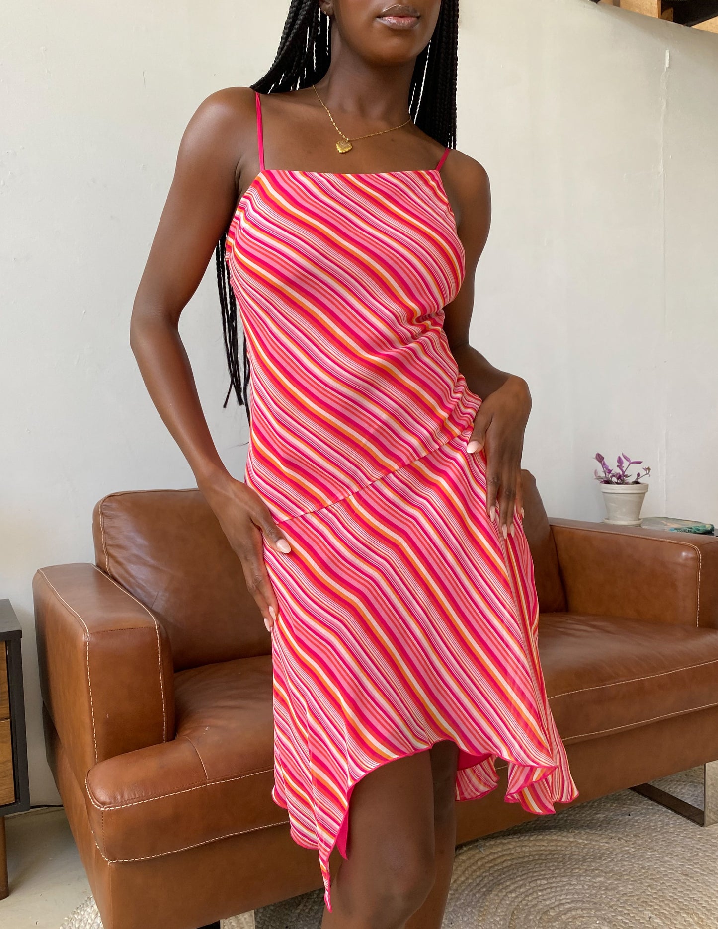 100% Silk Pink Candy Stripe Midi Dress