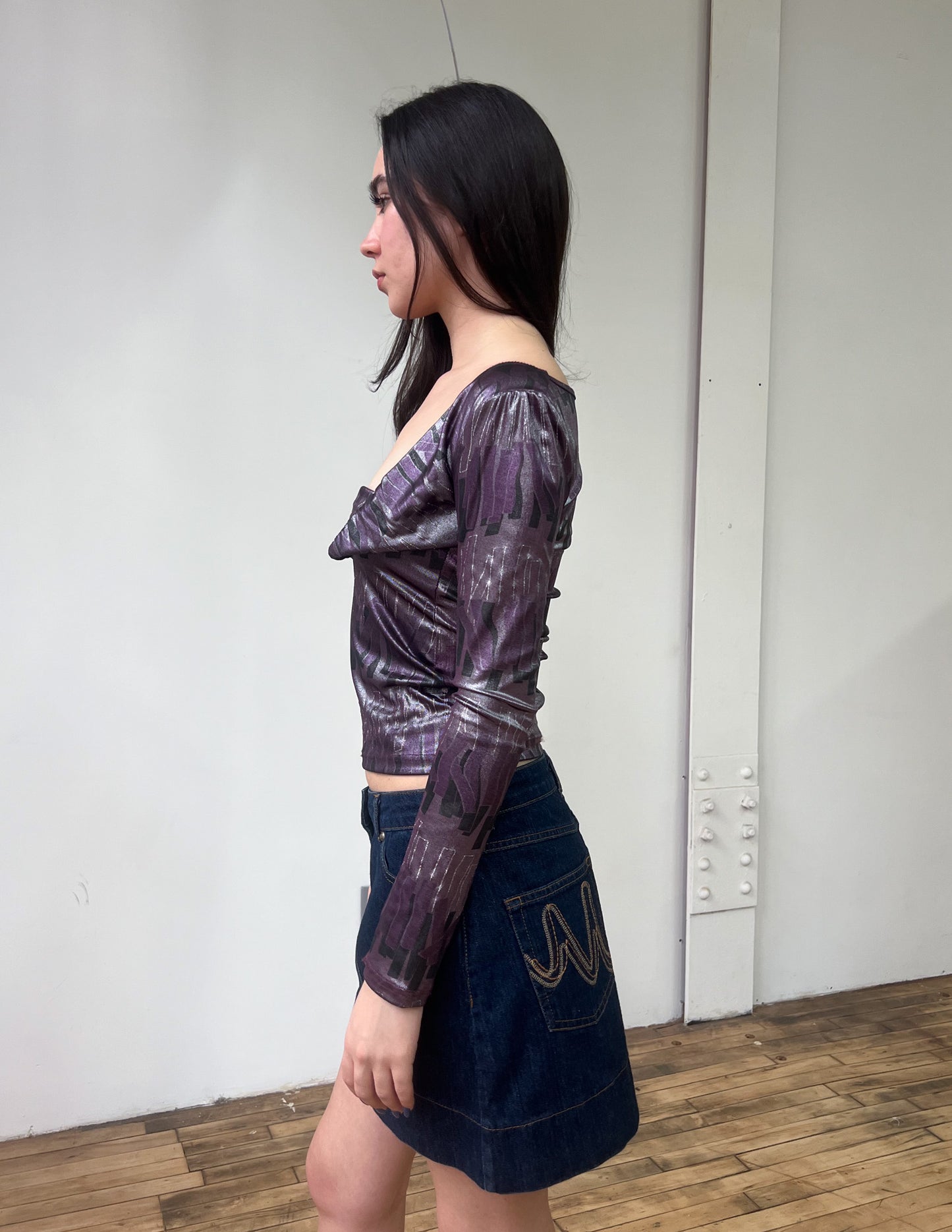 Vtg Y2K Purple Metallic Print Top