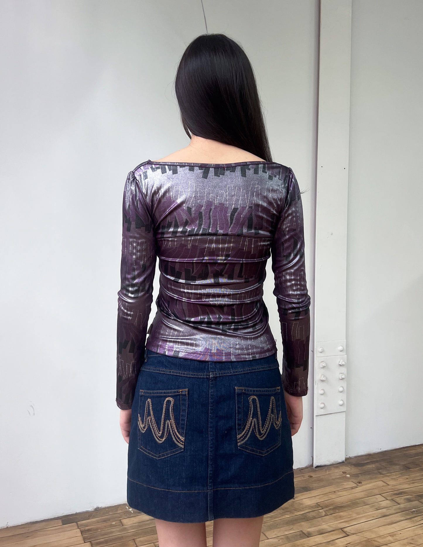 Vtg Y2K Purple Metallic Print Top
