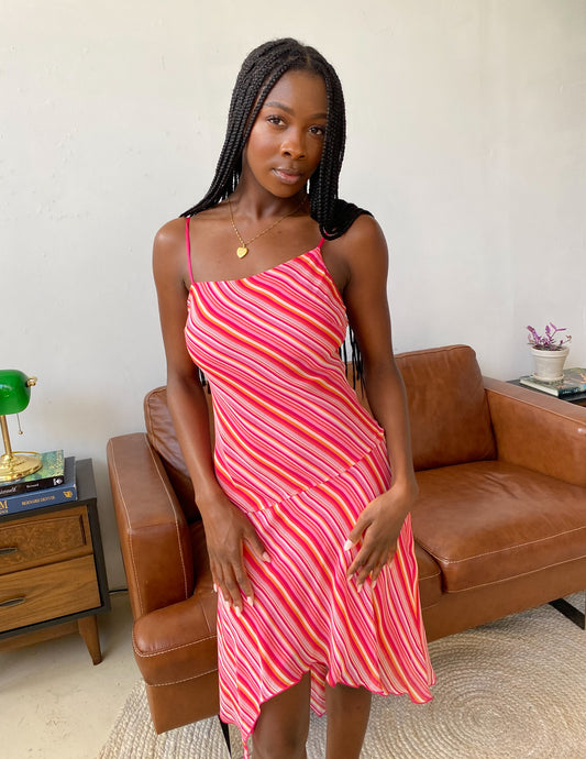 100% Silk Pink Candy Stripe Midi Dress