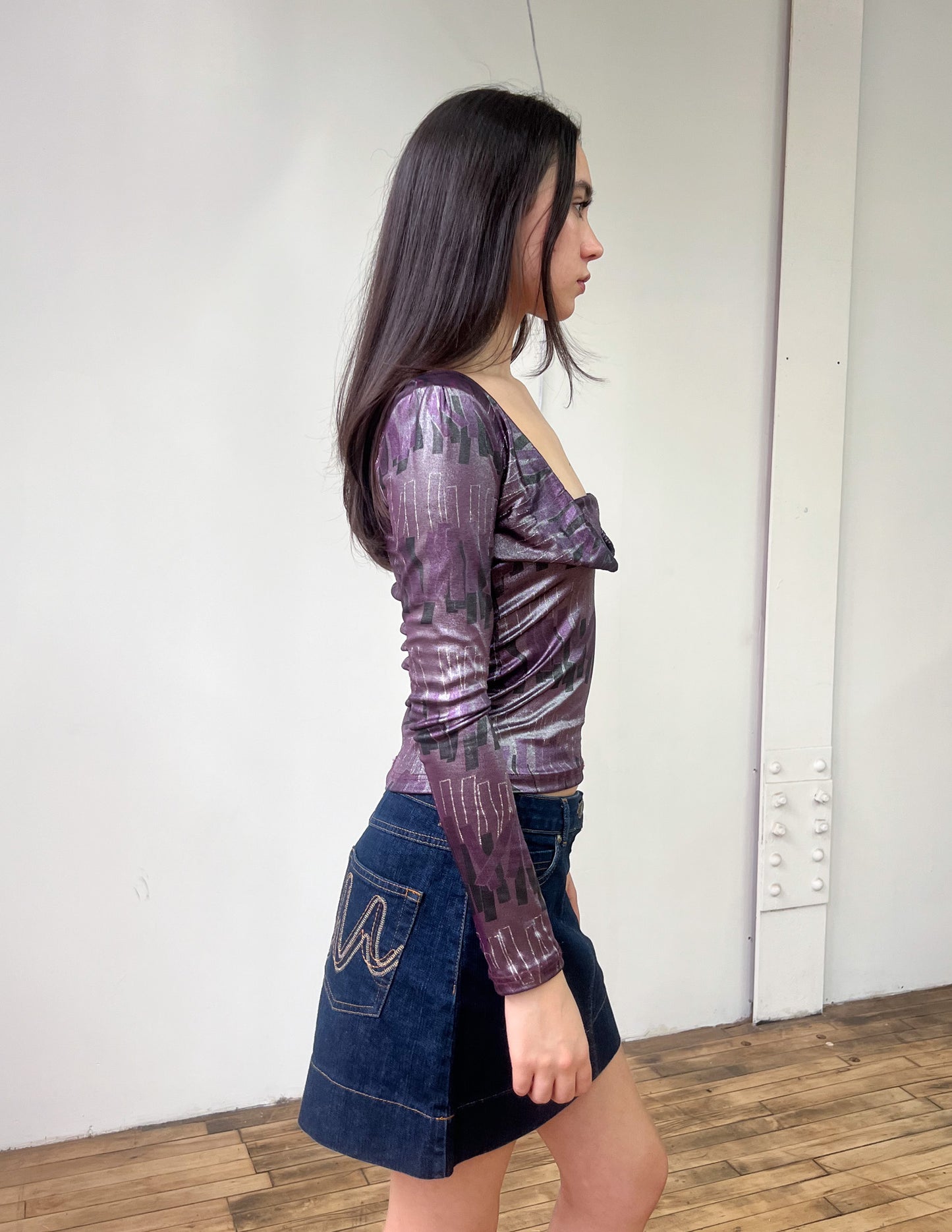 Vtg Y2K Purple Metallic Print Top