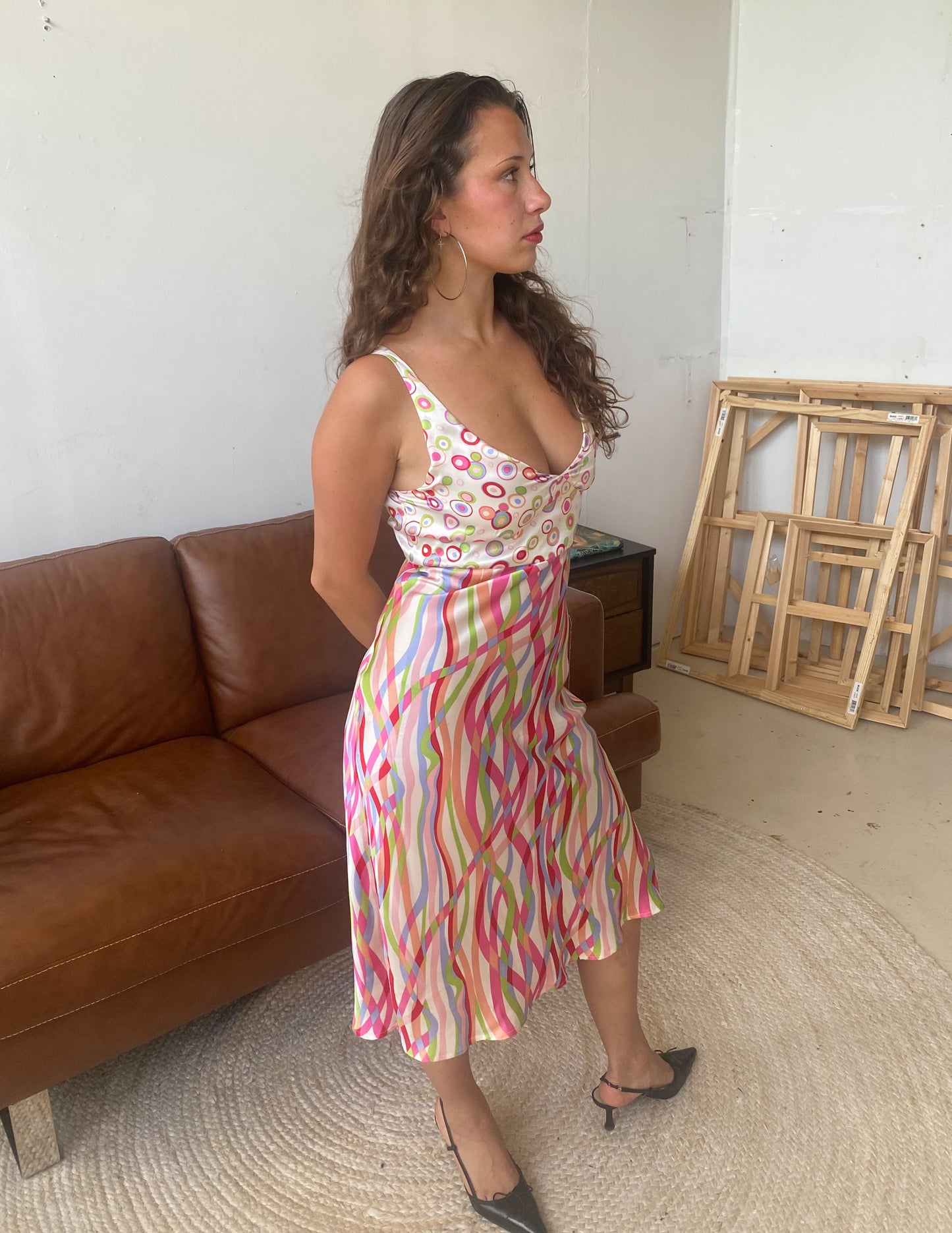 Vtg 100% Silk Multi Pattern Midi Dress