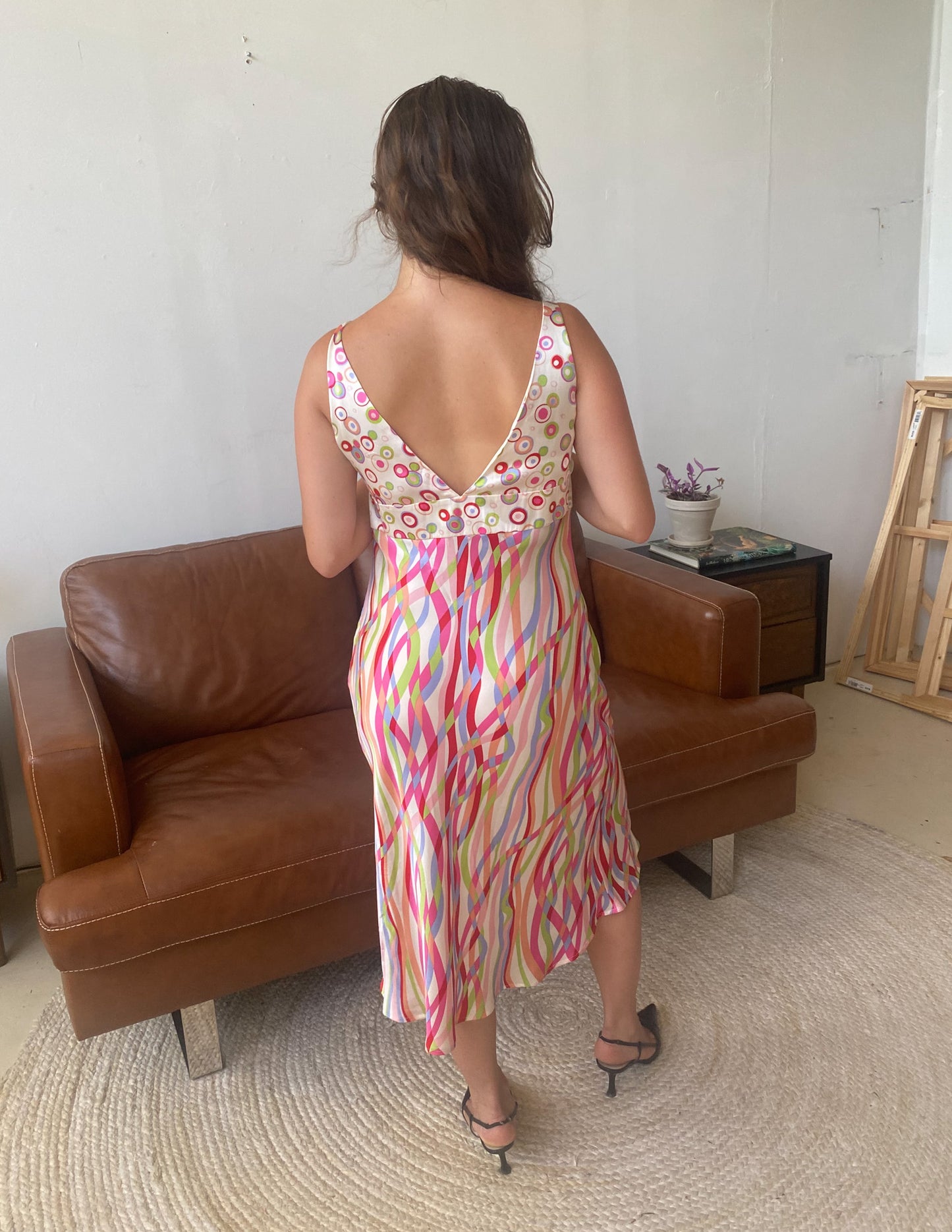 Vtg 100% Silk Multi Pattern Midi Dress