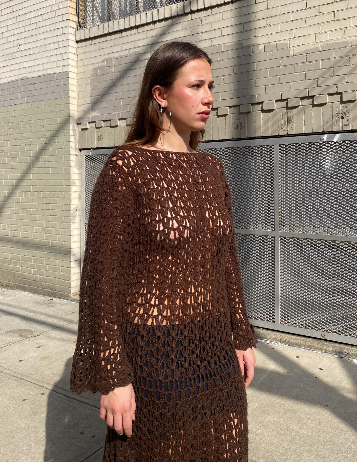 Vtg Chocolate Brown Crochet Maxi Dress