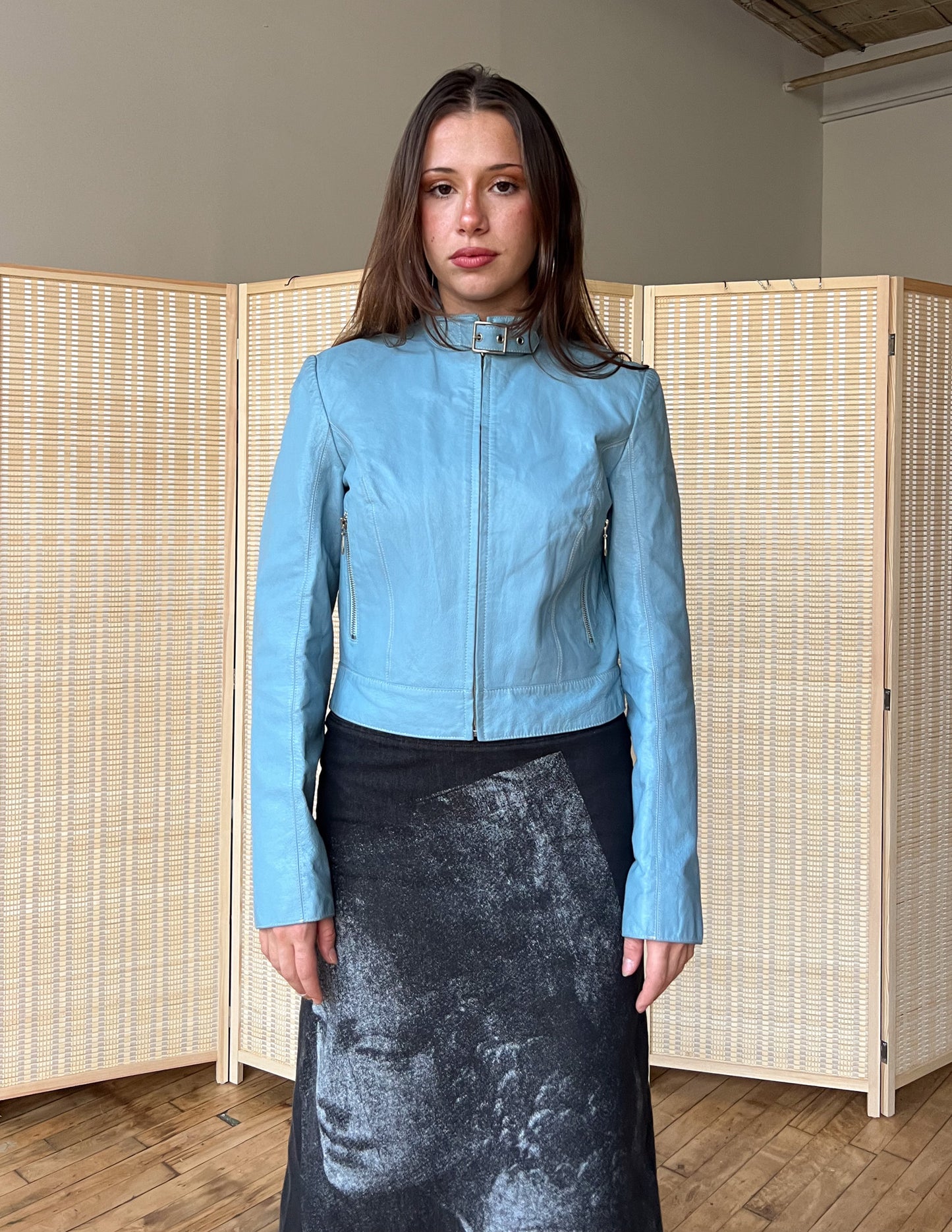 Leather Baby Blue Moto Jacket