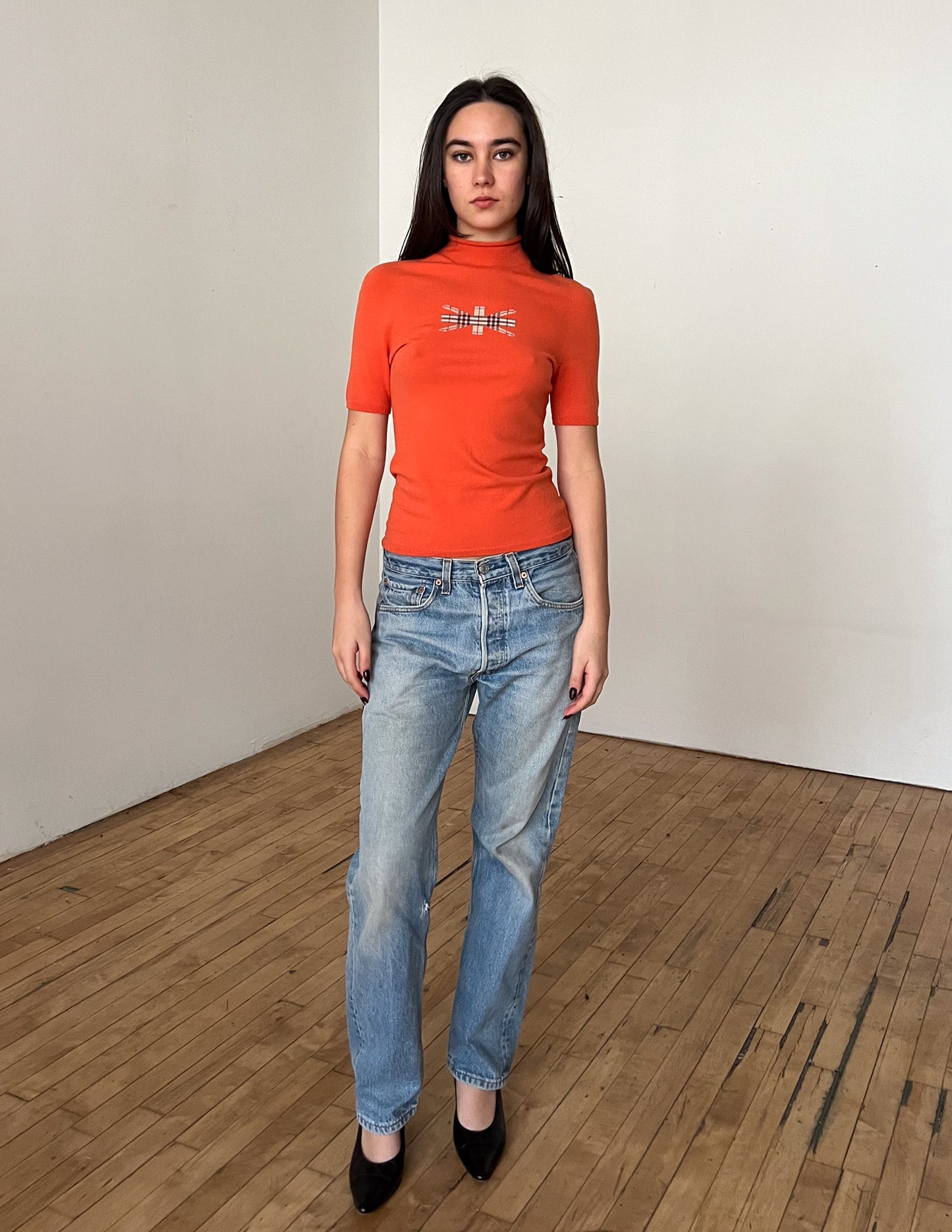 Burberry London Nova Check Flag Mock Neck Fine Knit Tee