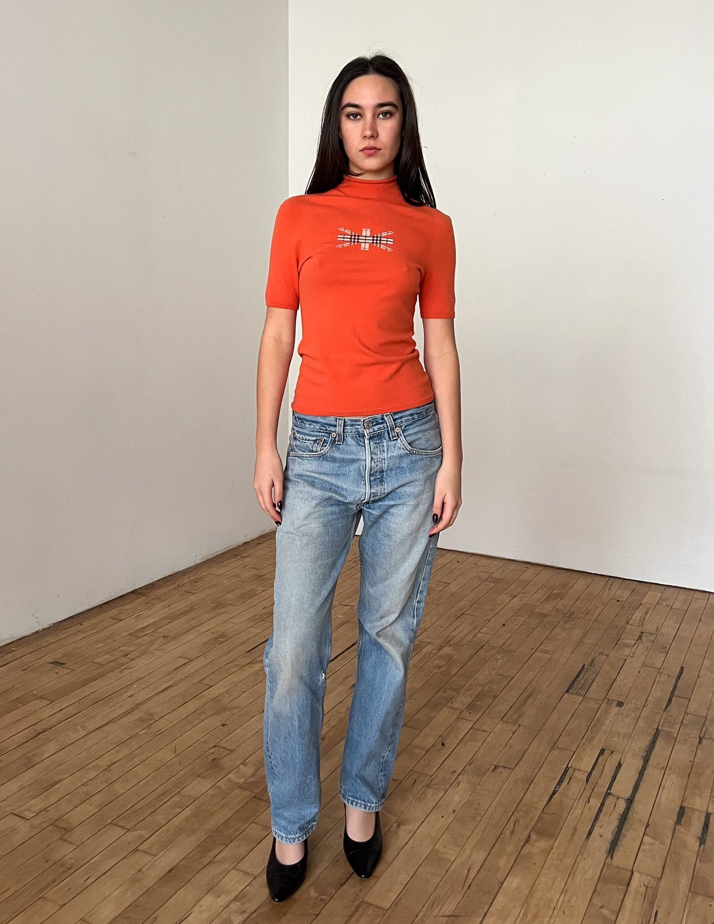 Burberry London Nova Check Flag Mock Neck Fine Knit Tee